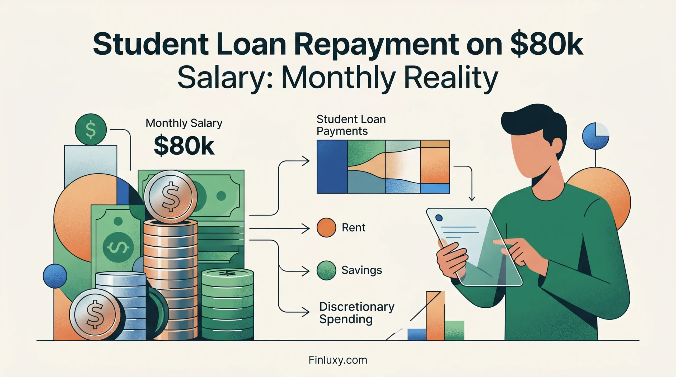 Geometric vector illustration showing a person managing a budget with student loans, salary, rent, and savings on Finluxy.com.