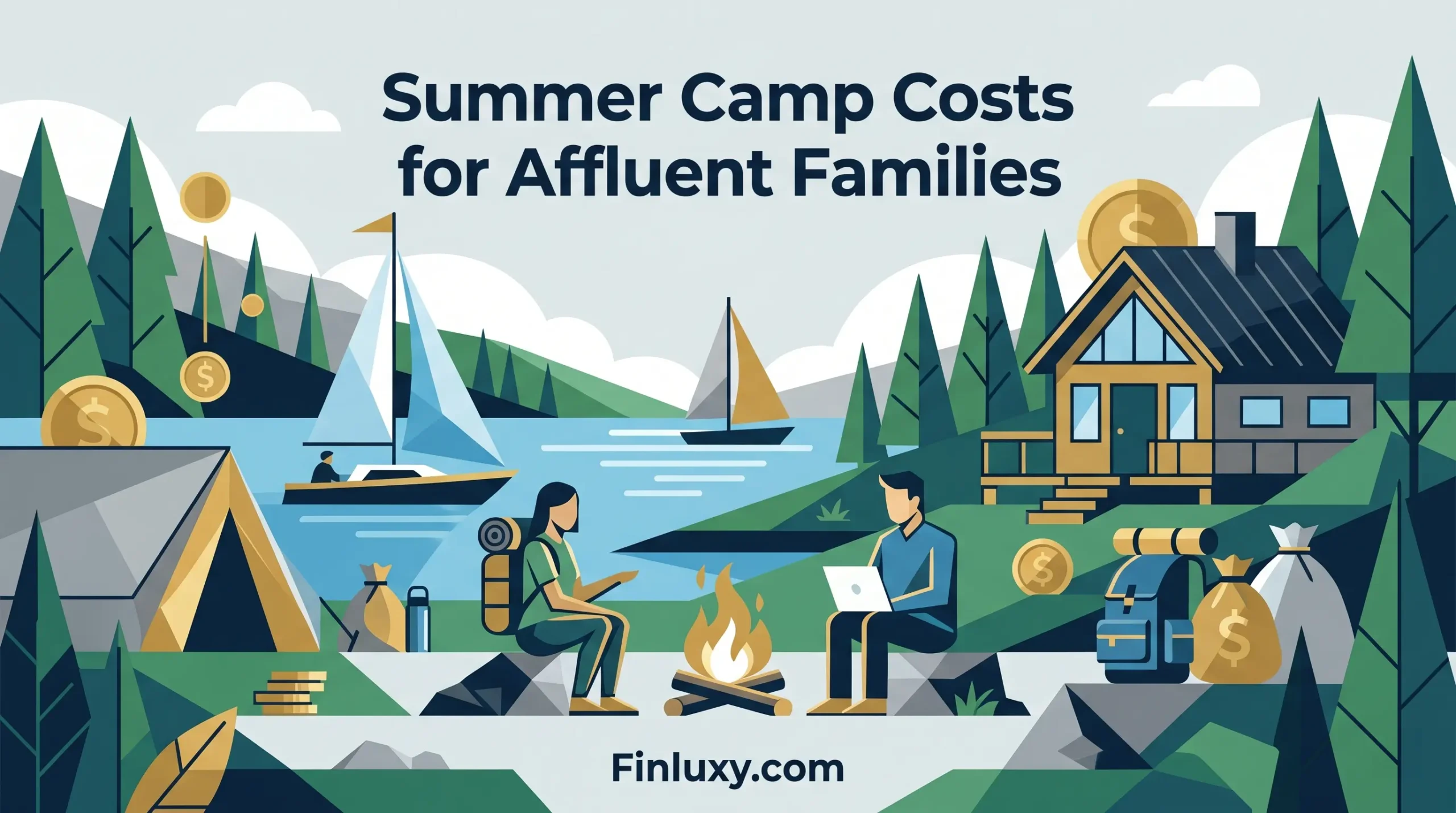 Geometric vector illustration of a luxury summer camp with money symbols, highlighting costs for affluent families for Finluxy.com.