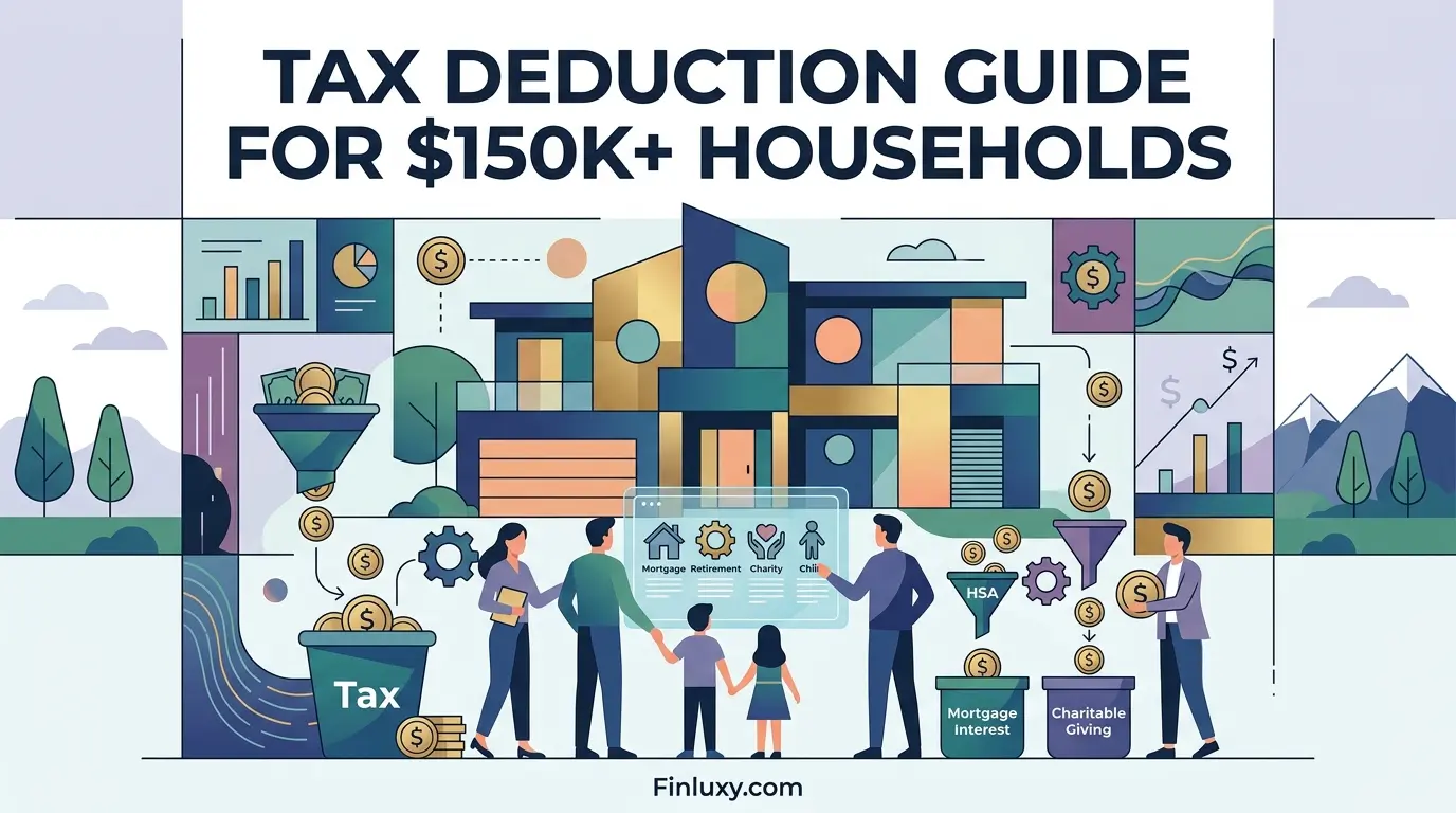 A modern geometric illustration showing a family and financial advisors managing household deductions, including mortgage interest and charitable giving, titled 'Tax Deduction Guide for $150k+ Households' at Finluxy.com.