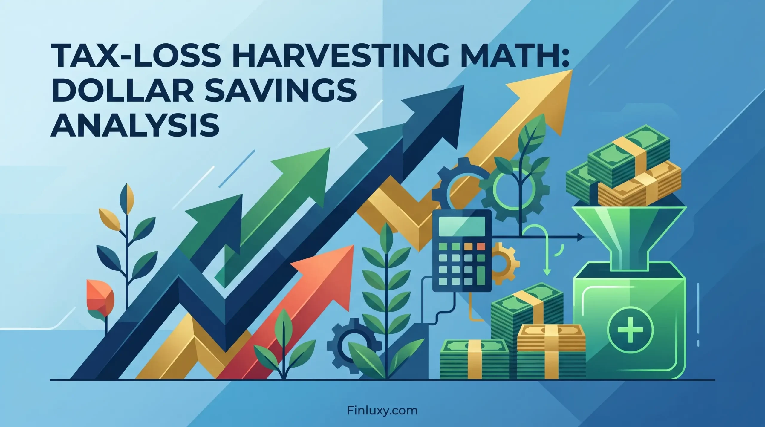 Geometric vector illustration of financial arrows, a calculator, and money stacks, featuring the title "Tax-Loss Harvesting Math: Dollar Savings Analysis."