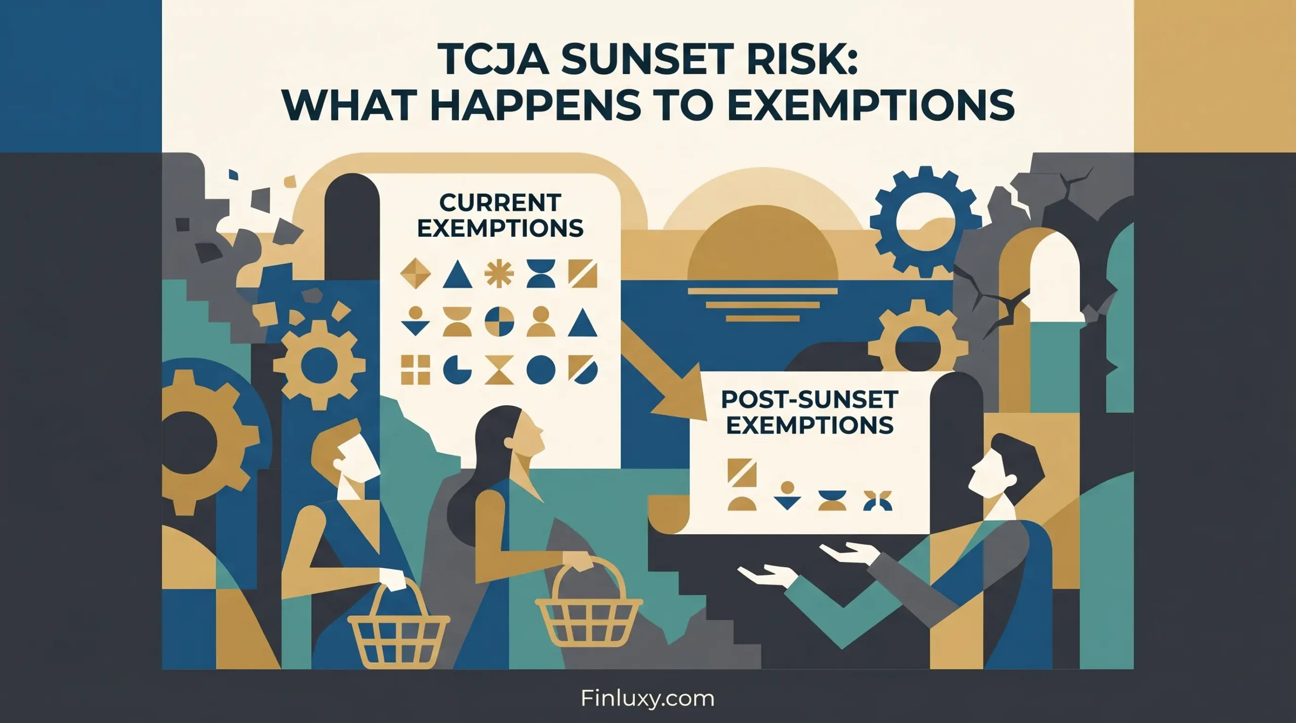 Geometric vector illustration depicting changing exemptions under a sunset title headline, featuring abstract people, cogs, and "Finluxy.com" text.