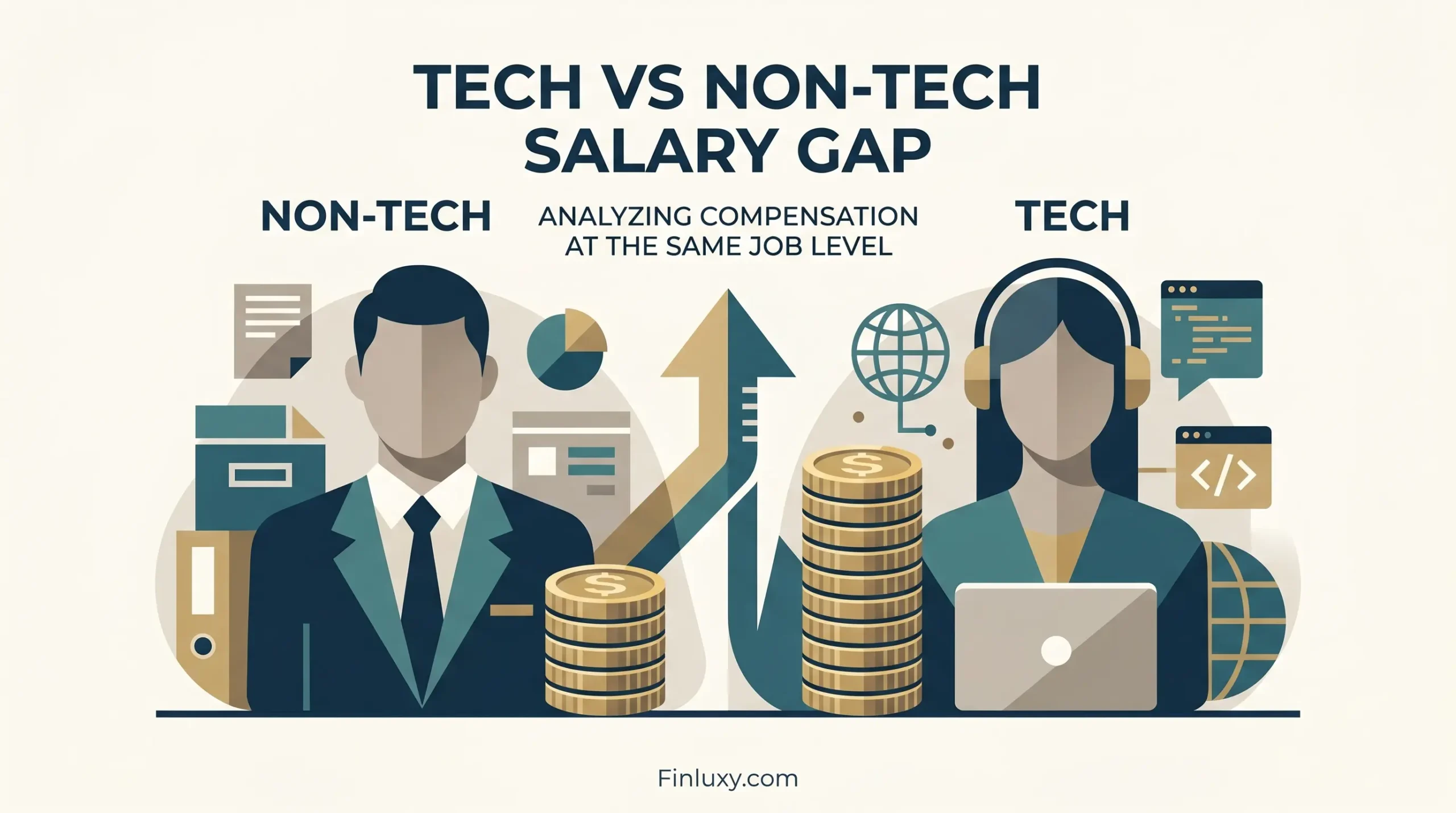 Vector illustration comparing a non-tech professional and a tech professional, showing a significant salary gap through different heights of coin stacks.