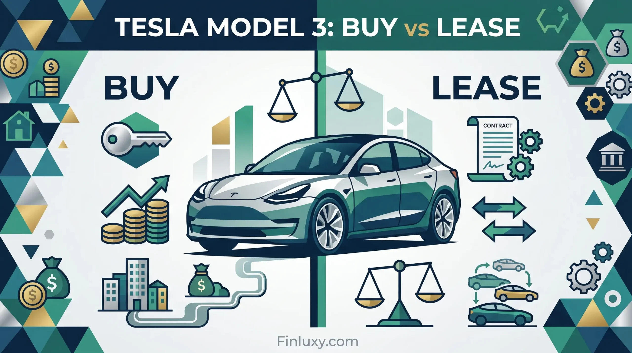 Geometric vector illustration comparing the financial options to buy or lease a Tesla Model 3.