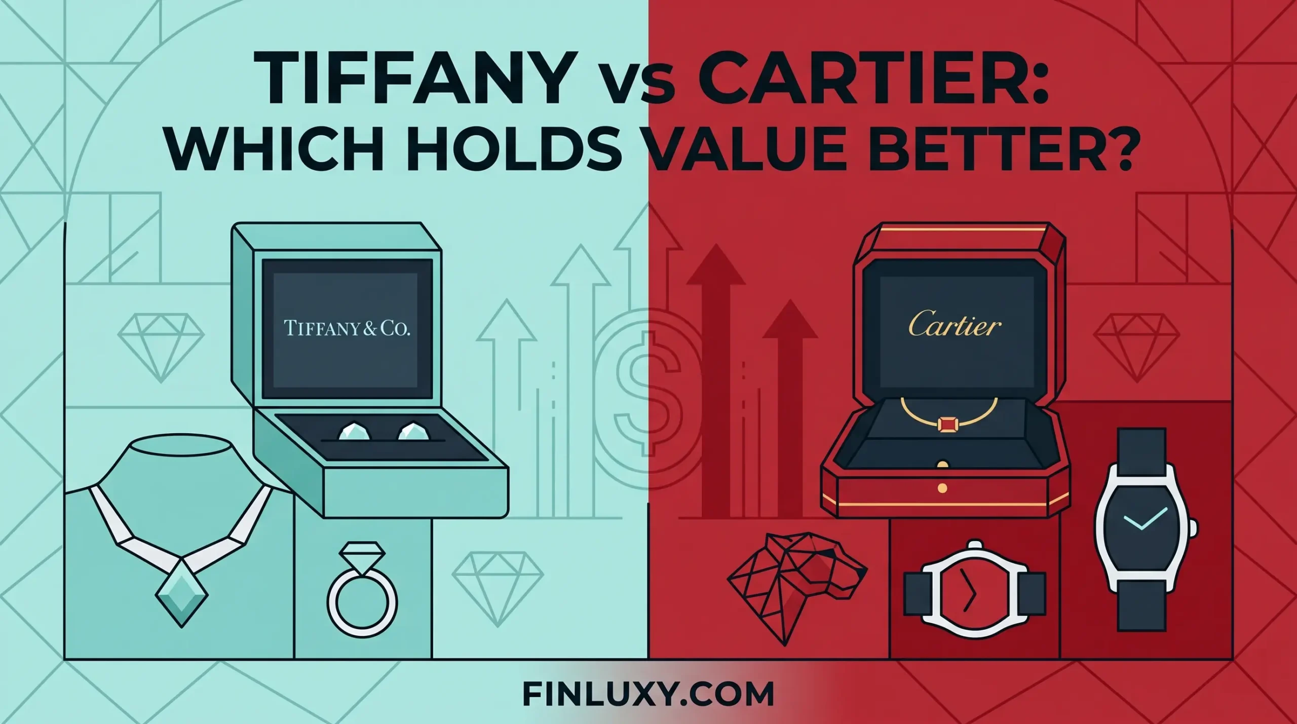 Geometric vector illustration comparing Tiffany and Cartier luxury goods with investment graphs, split in brand colors under the headline.