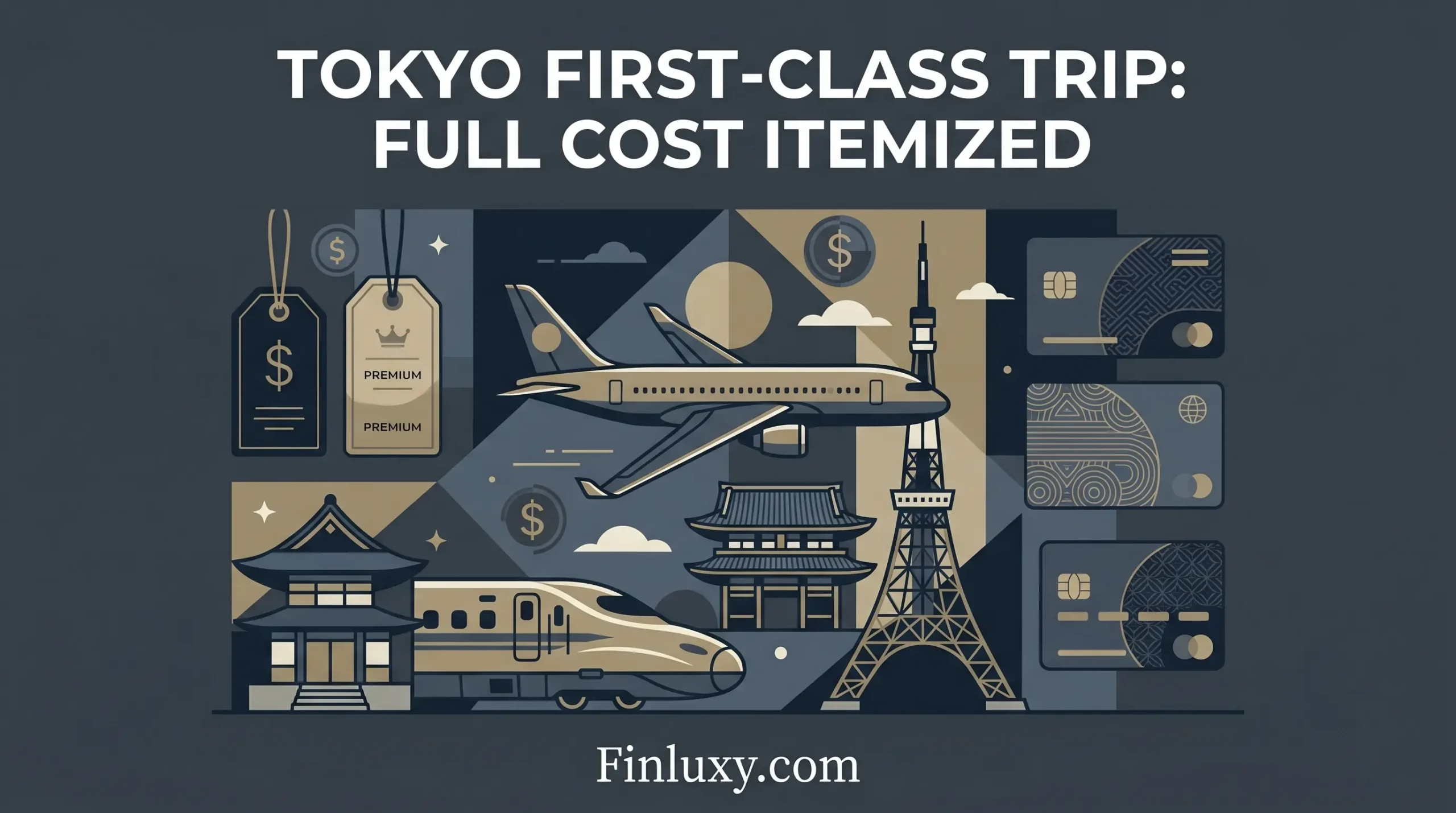 Geometric illustration of an airplane, Tokyo Tower, bullet train, and credit cards with the headline "Tokyo First-Class Trip: Full Cost Itemized".