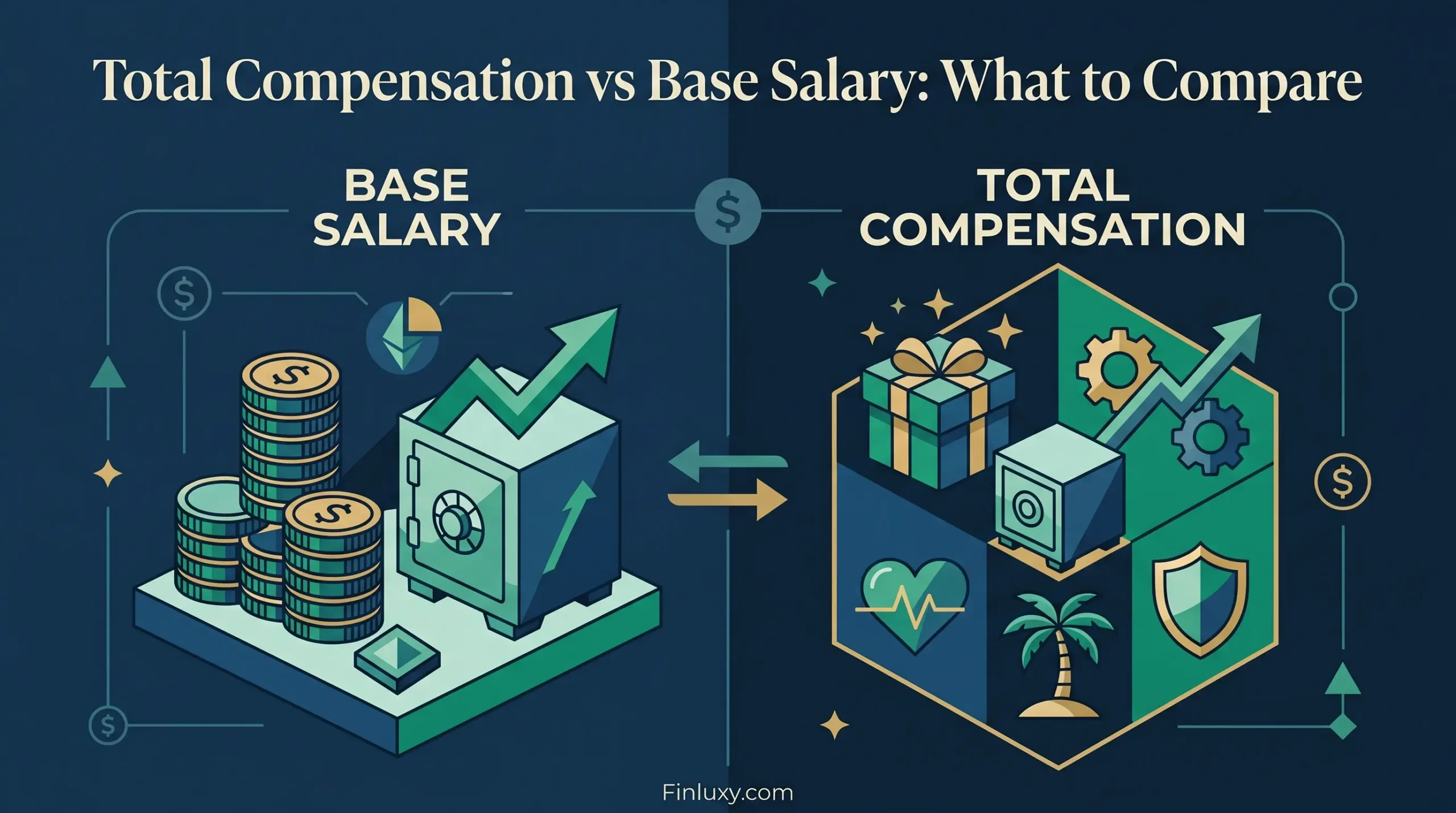 A modern vector illustration comparing Base Salary on the left with a larger Total Compensation package on the right, showing various employee benefits.