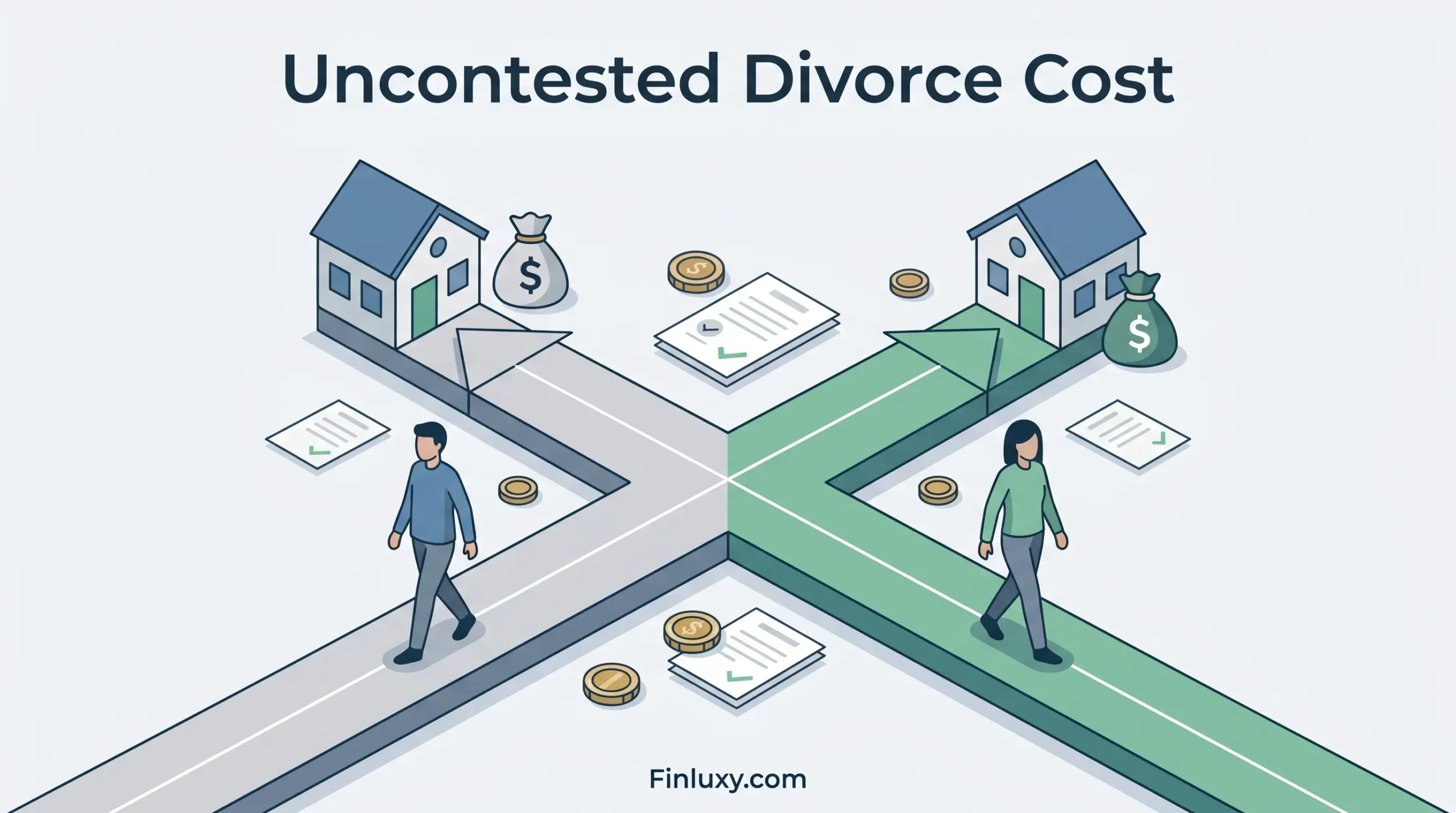 An isometric vector illustration showing two people walking separate paths lined with assets and documents, titled Uncontested Divorce Cost.