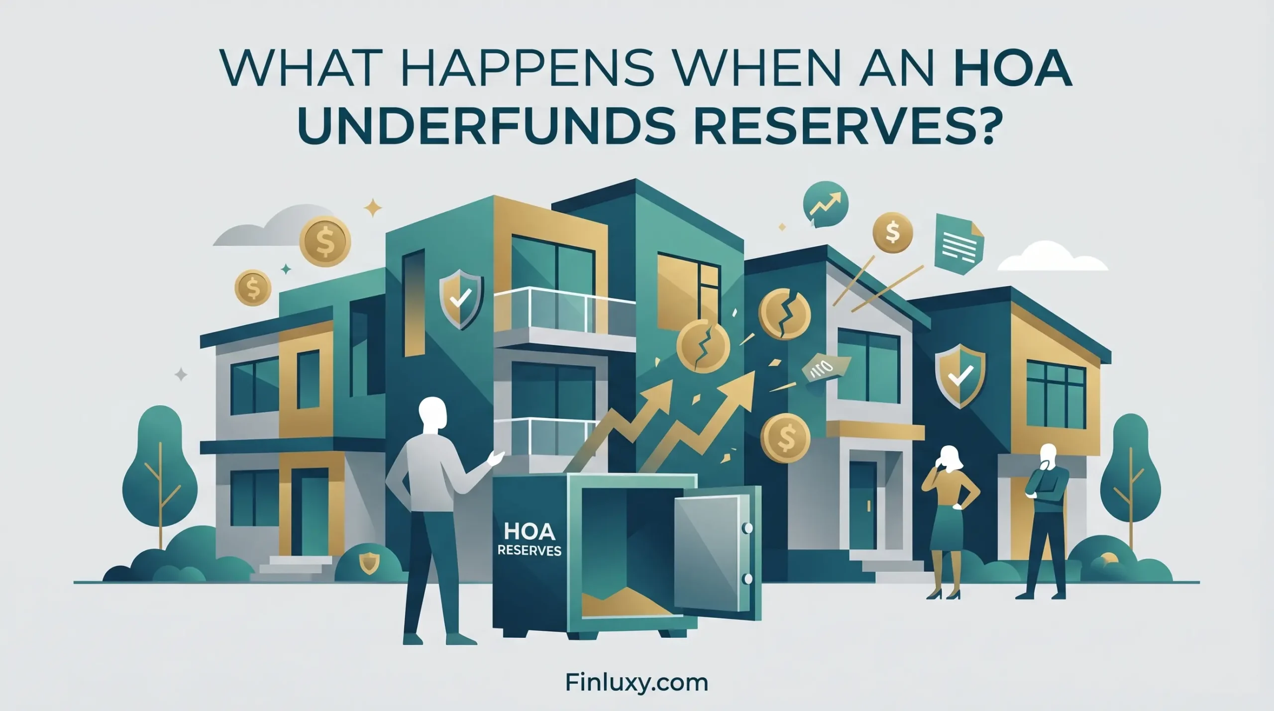 A modern illustration showing housing and people with an empty safe, representing underfunded HOA reserves and financial risks.