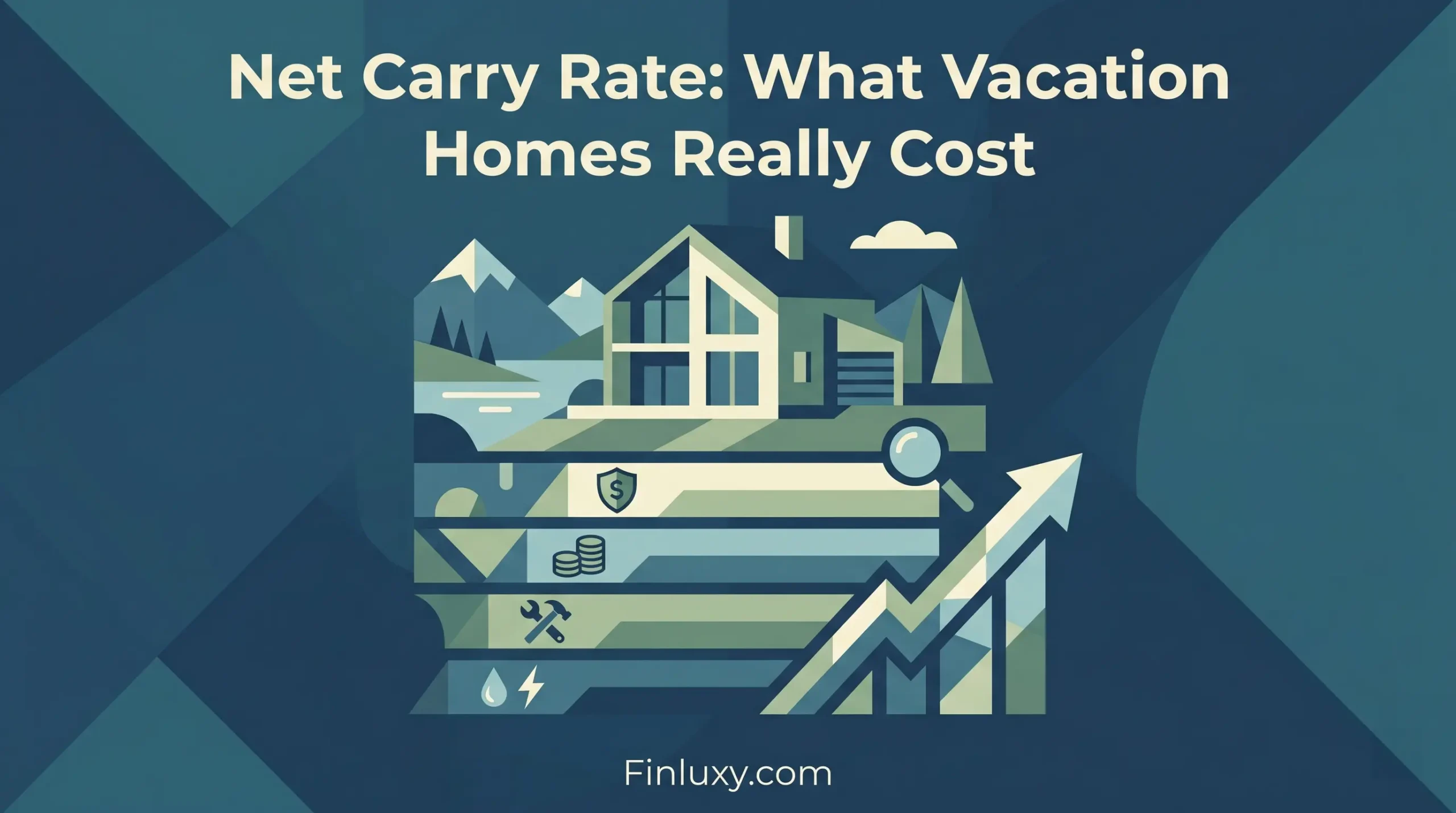 Geometric illustration of a vacation home layered over cost indicators, featuring the headline "Net Carry Rate: What Vacation Homes Really Cost."