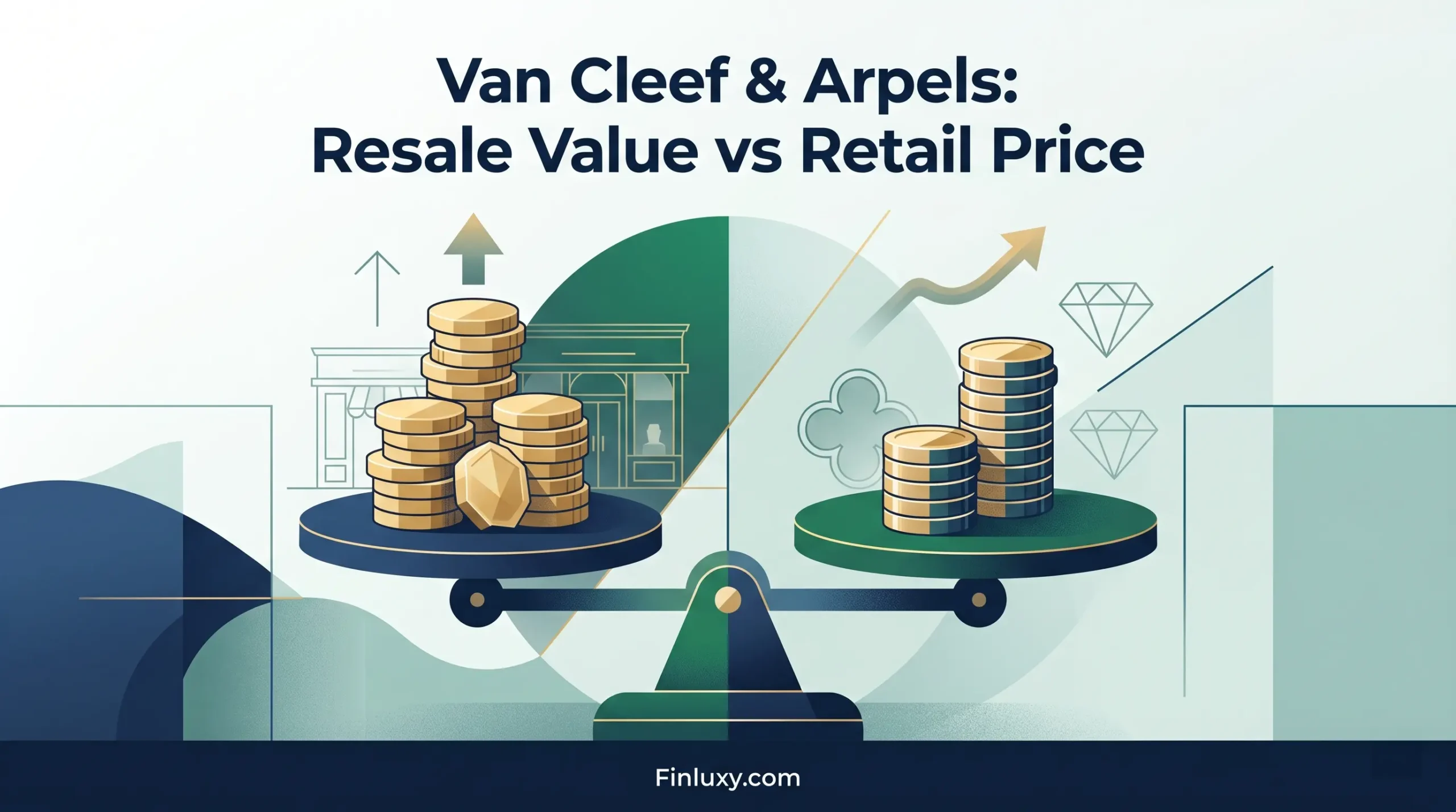 Geometric vector illustration for Van Cleef & Arpels price comparison article, featuring scales and coins on a teal and blue background.