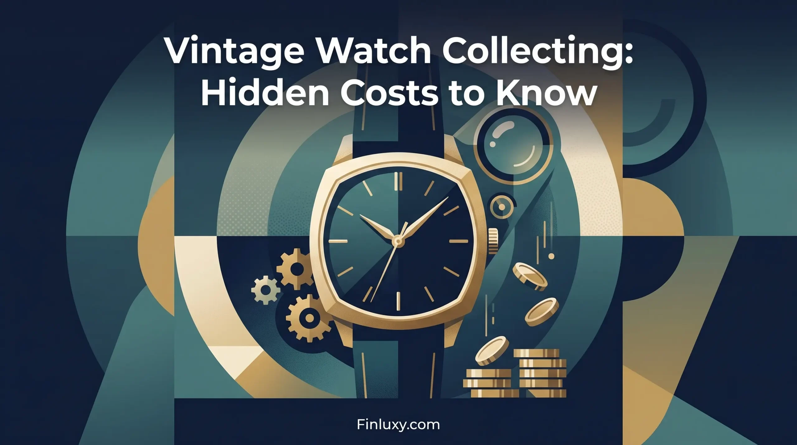 A geometric vector illustration of a vintage watch with gears and coins, featuring the headline 'Vintage Watch Collecting: Hidden Costs to Know'.