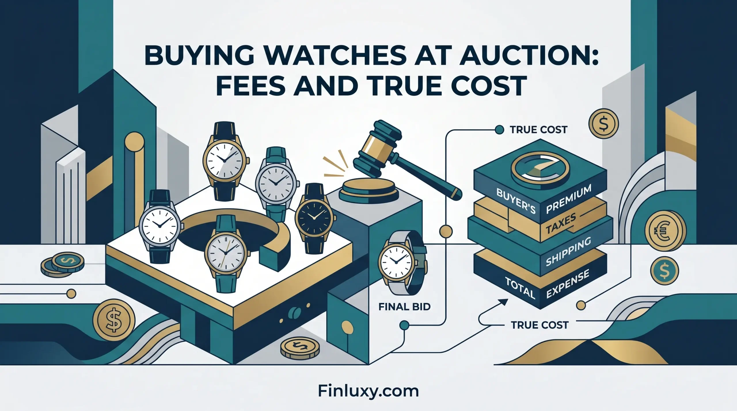 Modern vector graphic of luxury watches and a gavel with stacked blocks illustrating auction fees and final costs.
