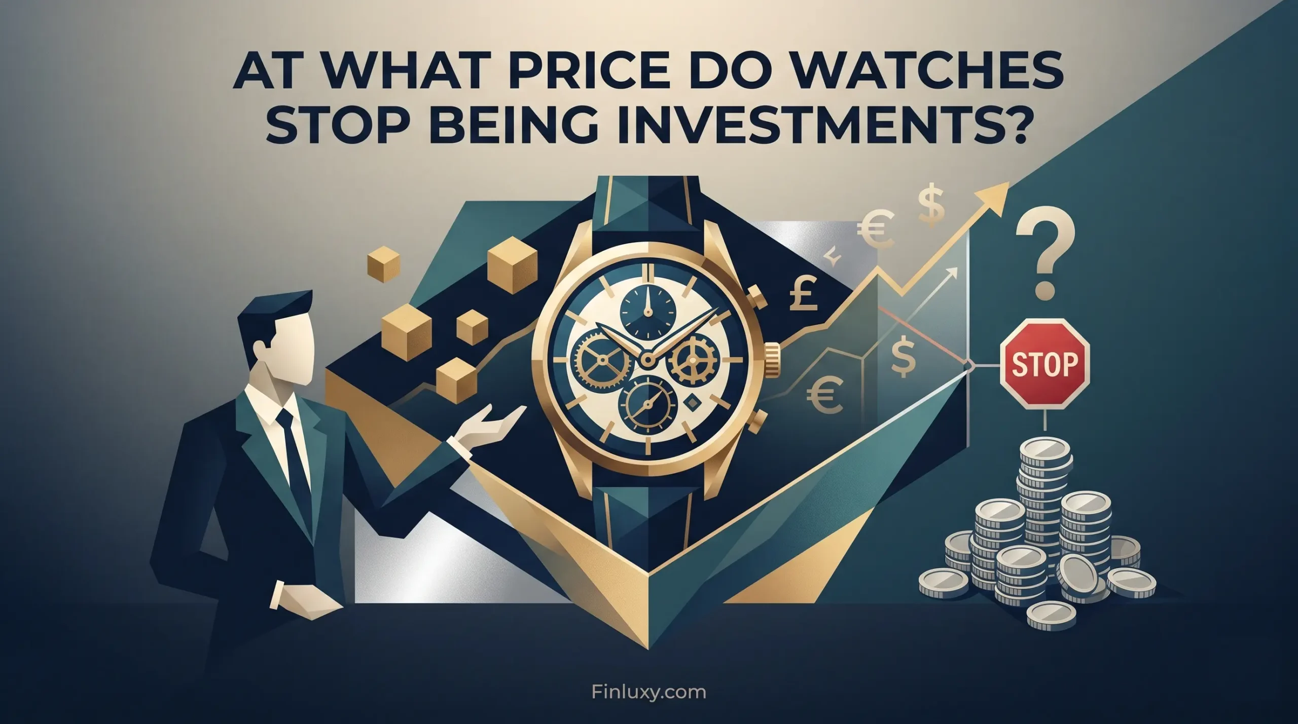A geometric vector illustration of a man gesturing toward a large watch and financial symbols, with the Finluxy logo.