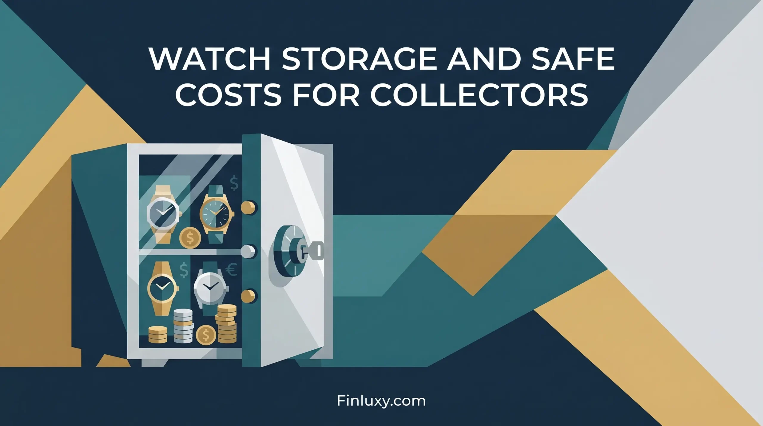 A geometric vector illustration for Finluxy showing a safe containing watches and coins against an abstract background.