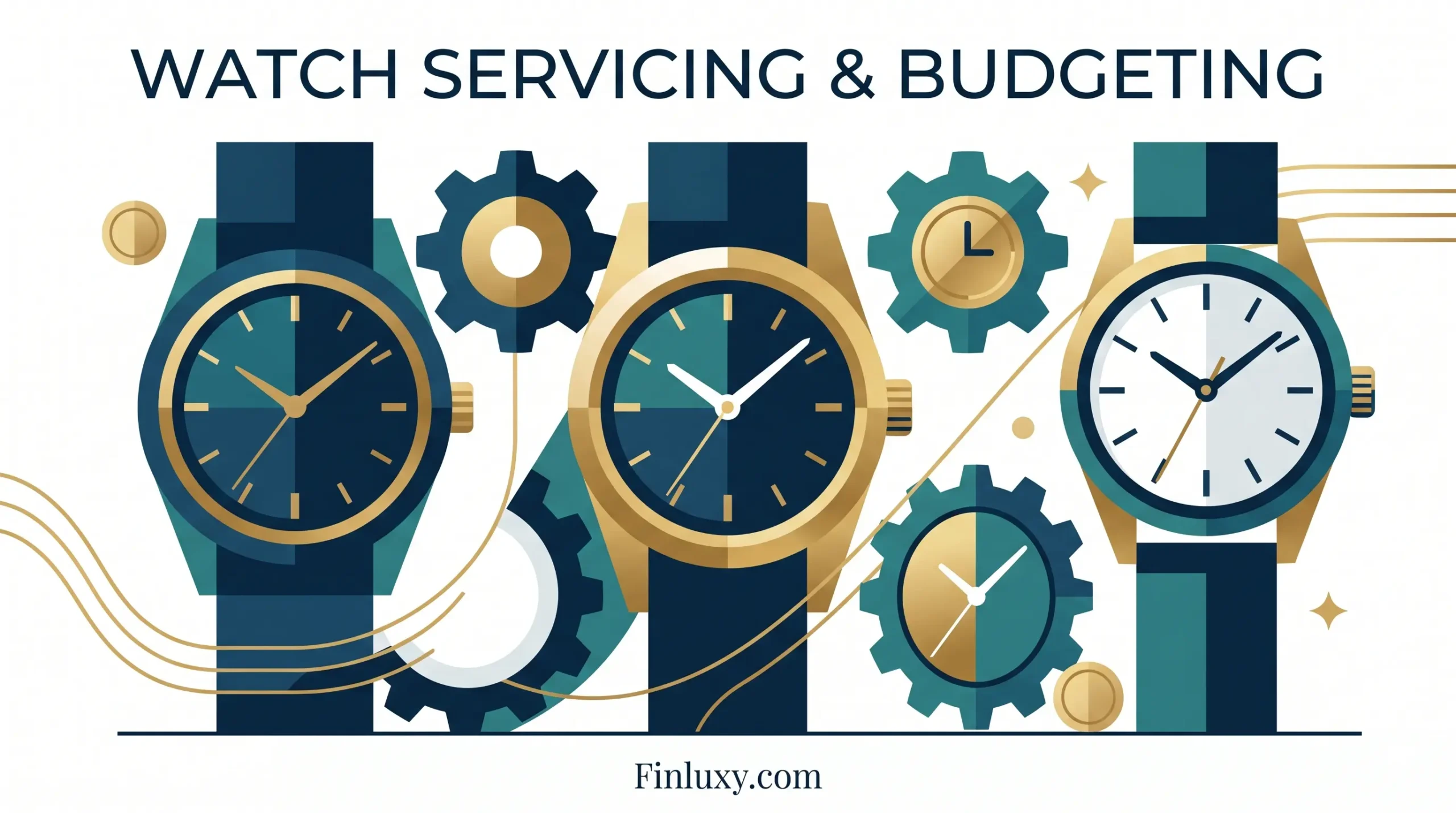 Geometric vector illustration of luxury wristwatches and gears in teal and gold, with text reading "Watch Servicing & Budgeting".