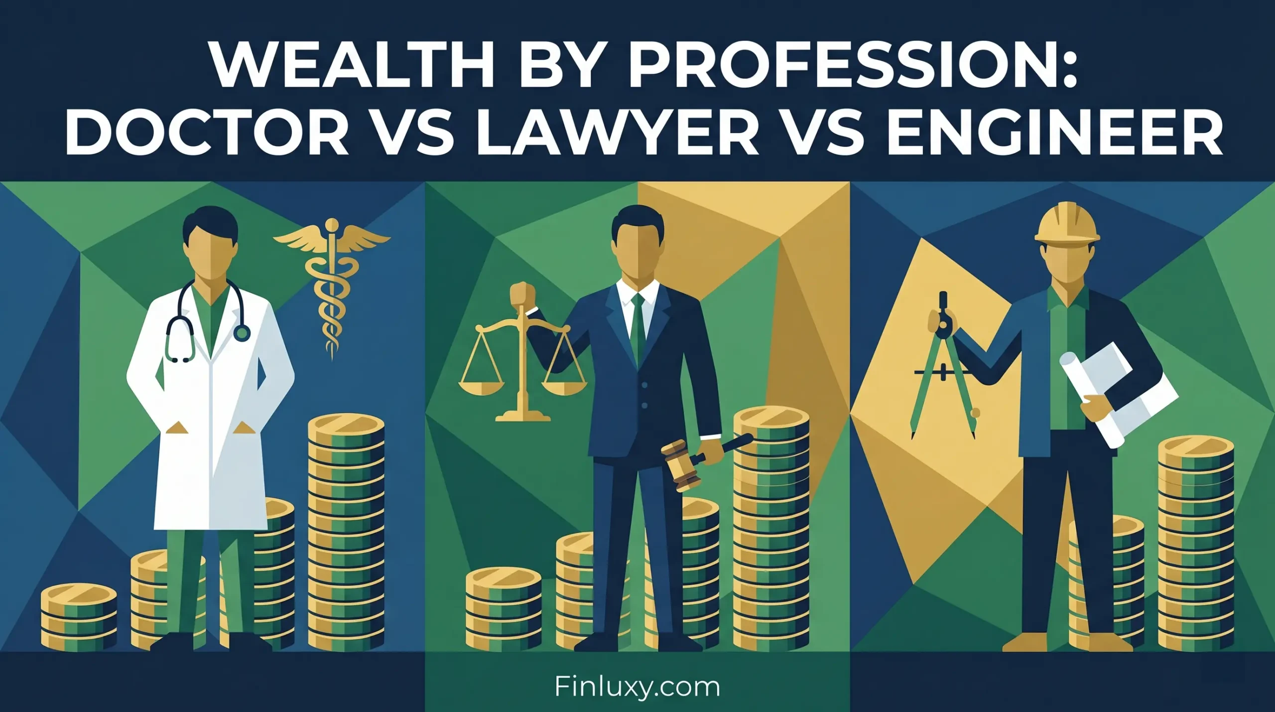 Geometric illustration of a doctor, lawyer, and engineer next to coin stacks, representing professional wealth on Finluxy.com.