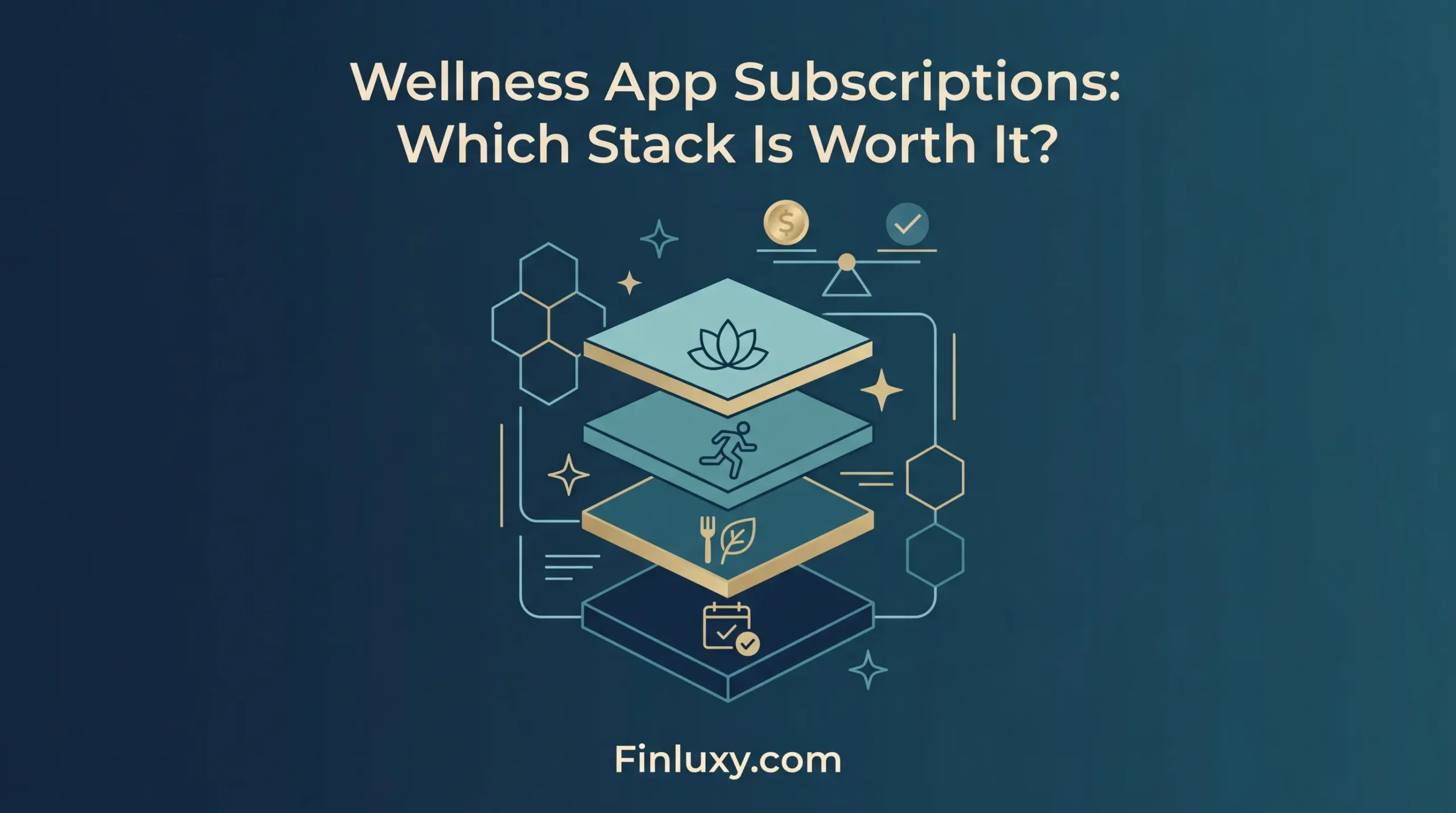 Geometric vector illustration of a stacked digital application concept representing wellness app subscriptions, featuring clean composition on a dark background.