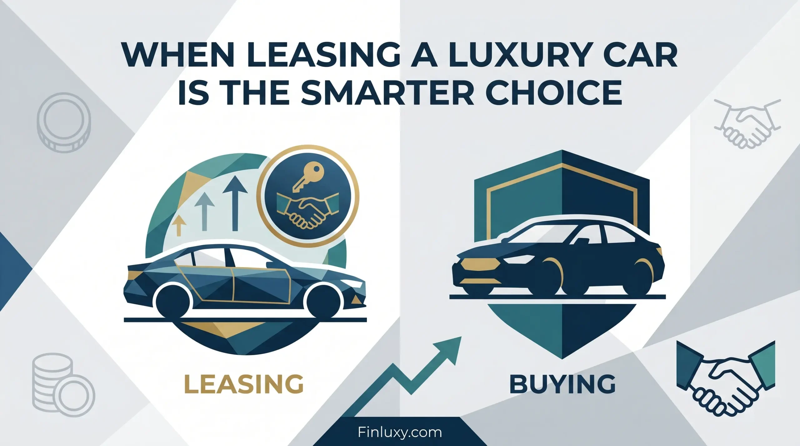 Minimalist geometric illustration of a modern car alongside subtle financial icons, representing luxury vehicle leasing decisions.