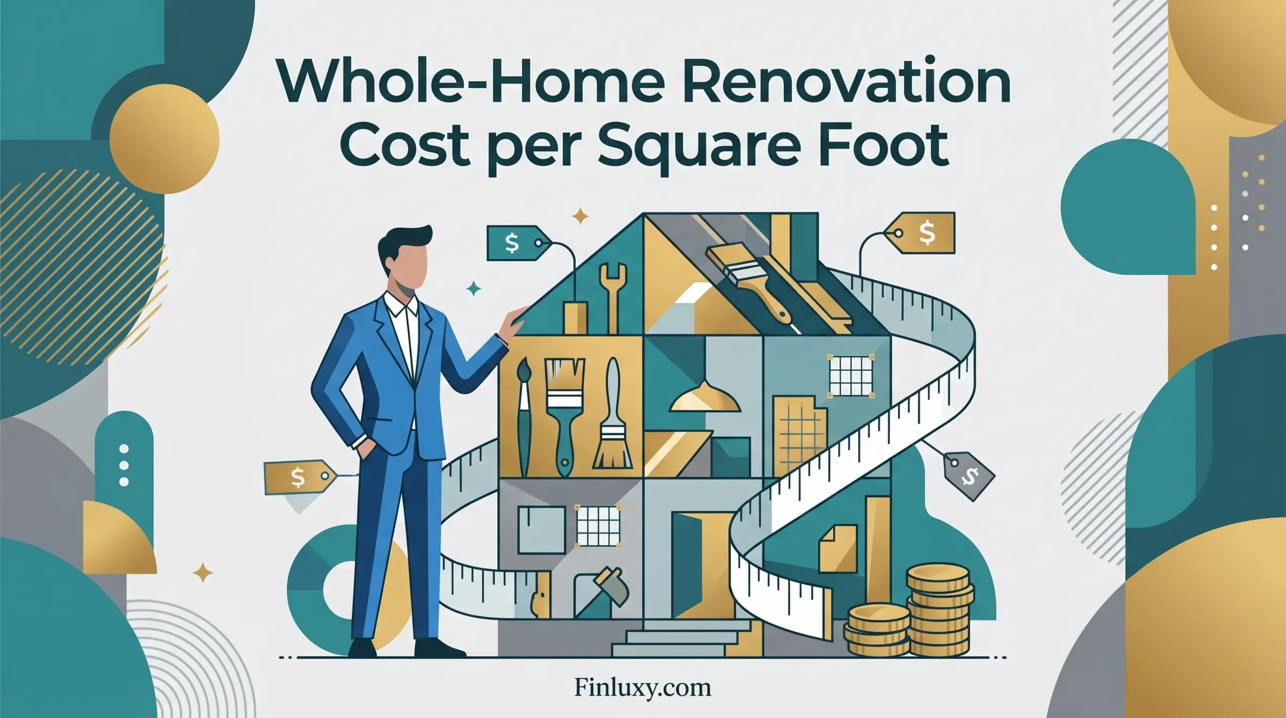 A stylized geometric illustration with a headline: 'Whole-Home Renovation Cost per Square Foot'. It features a professional figure next to a structured house icon with cost and measurement symbols, and 'Finluxy.com' at the bottom.