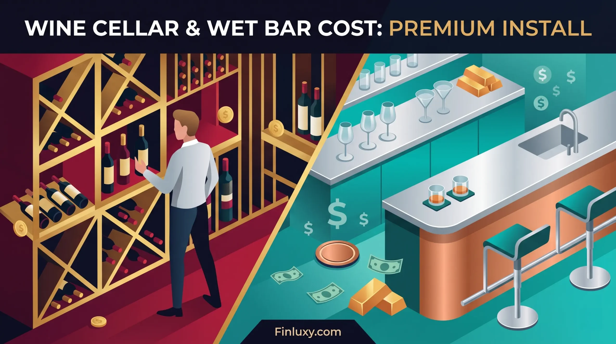 An illustrative graphic comparing a luxury wine cellar and wet bar, featuring money symbols to represent investment and installation costs.