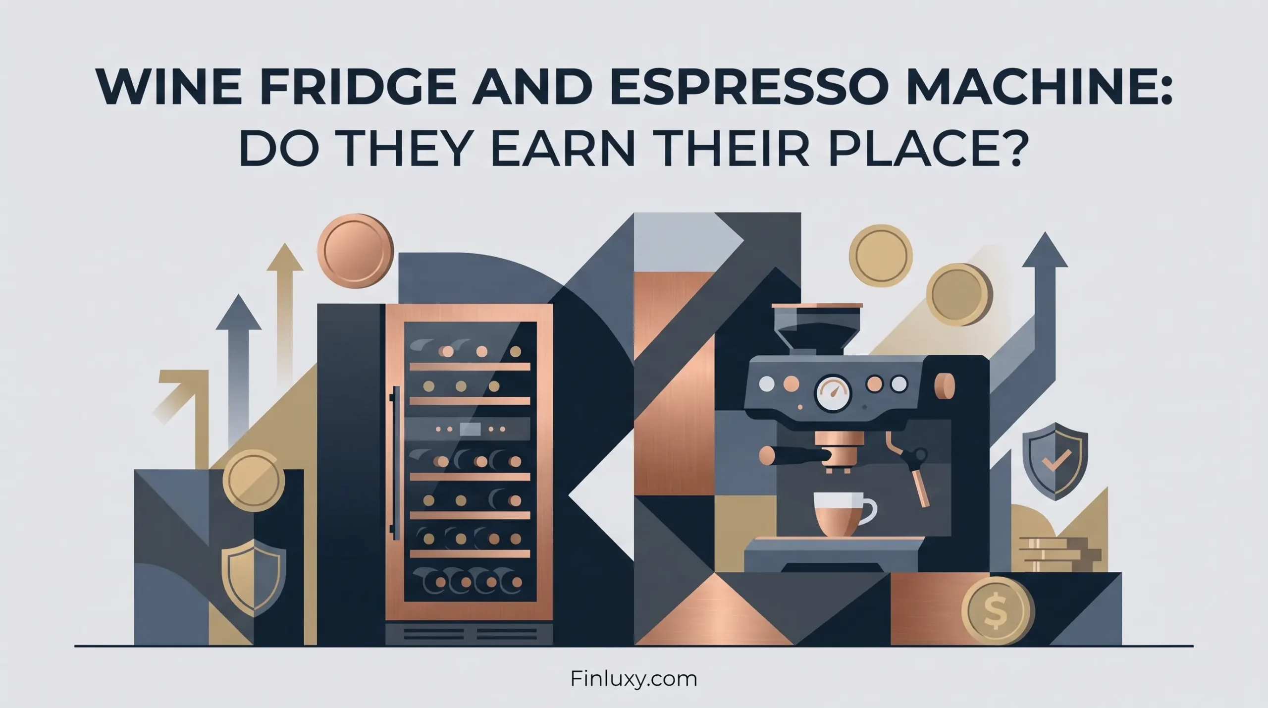 Geometric vector graphic of a wine fridge and espresso machine with rising arrows and coins, for Finluxy.