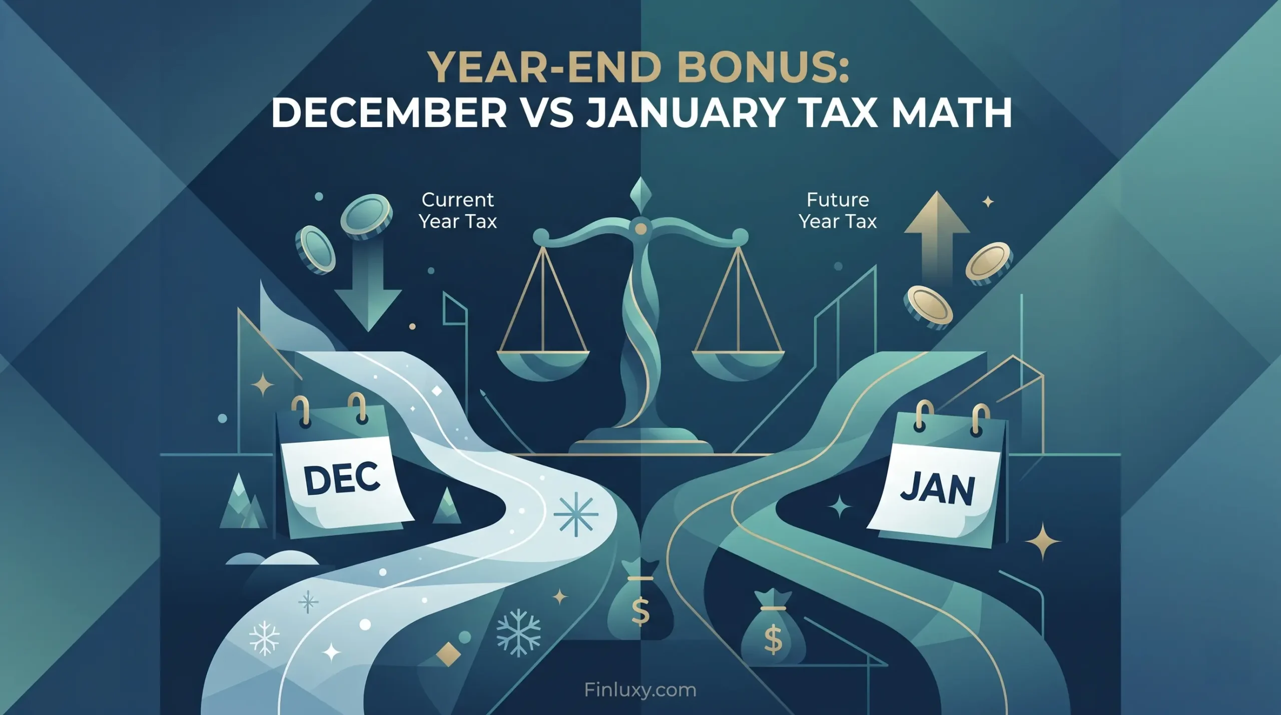 Minimal geometric illustration showing a balance scale weighing December and January for year-end bonus tax planning.