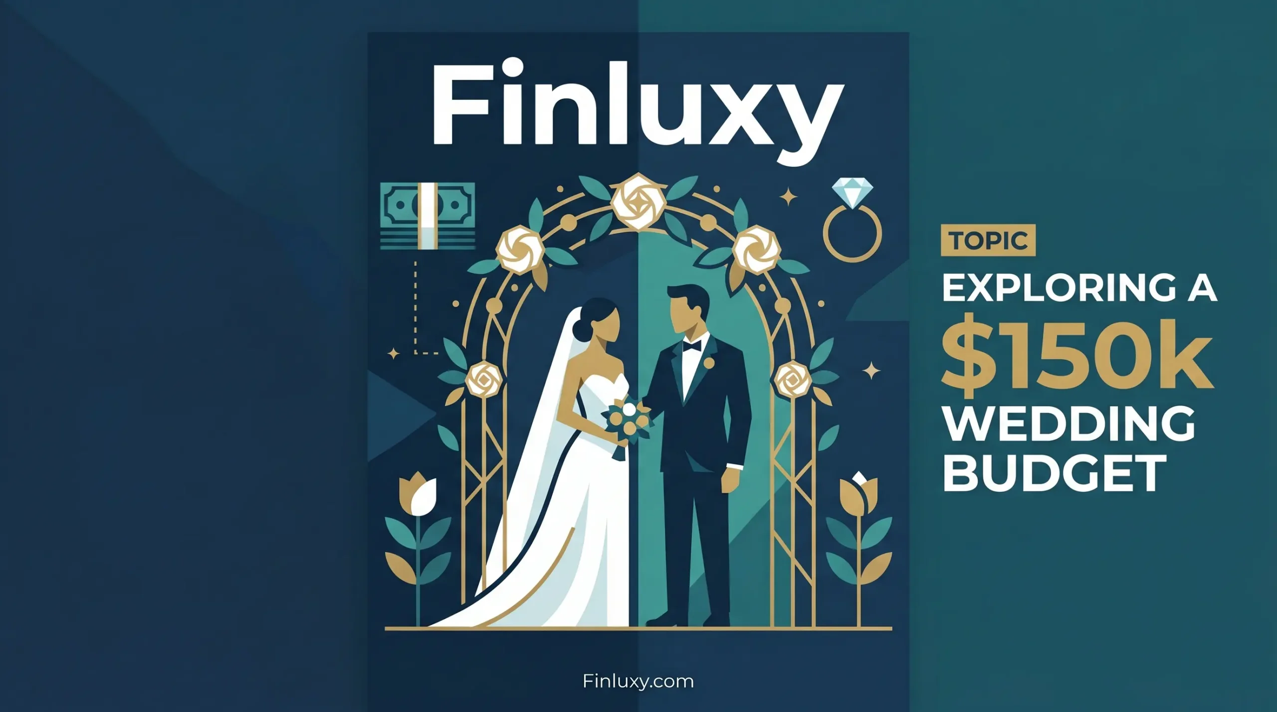 Geometric illustration of a bride and groom under a floral archway with text reading "Exploring a $150k Wedding Budget."