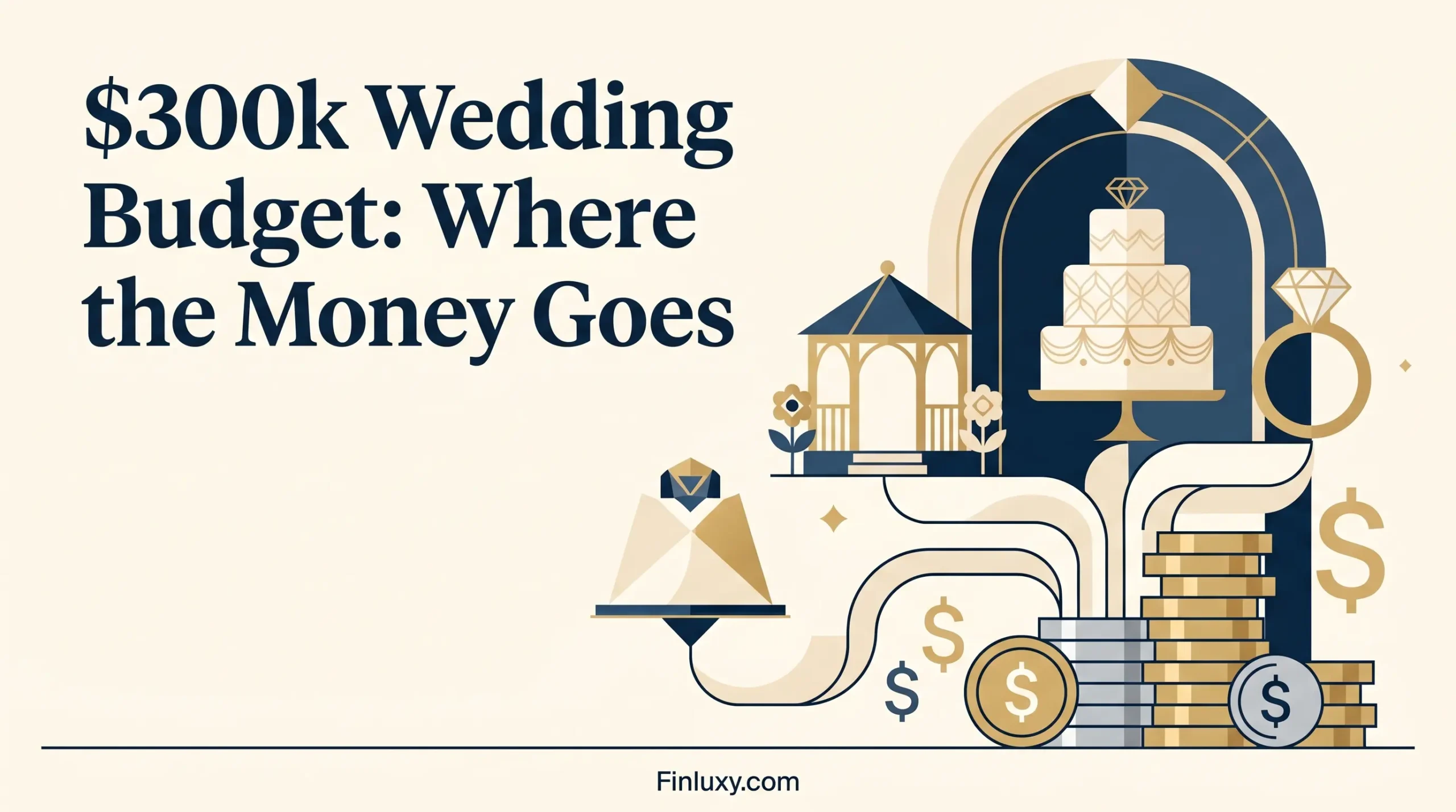 Minimalist geometric illustration with the headline "$300k Wedding Budget: Where the Money Goes," featuring stylized stacks of coins, a wedding cake, a pavilion, and a ring.