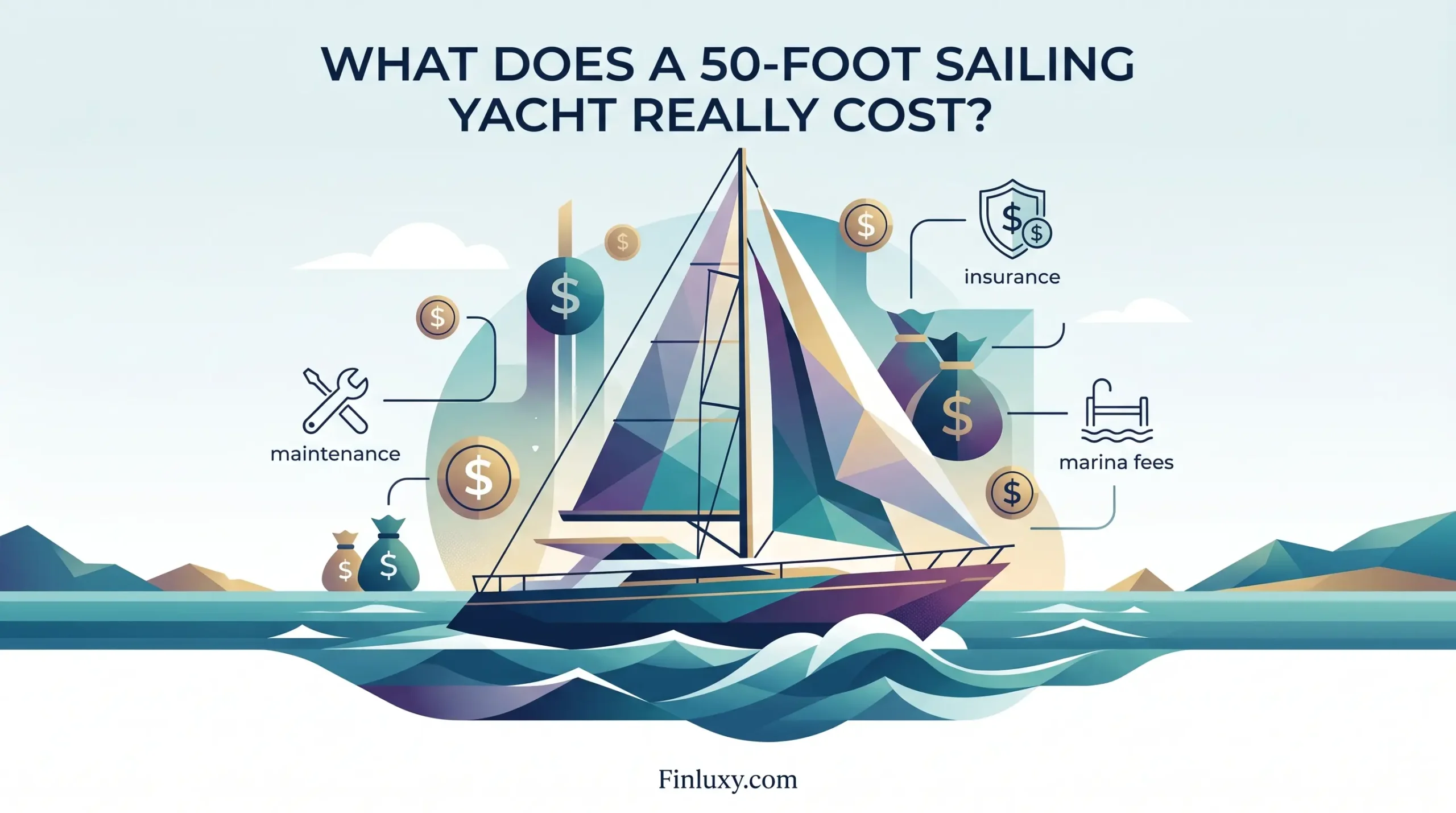 Geometric vector illustration of a yacht with labeled icons for insurance, maintenance, and marina costs.