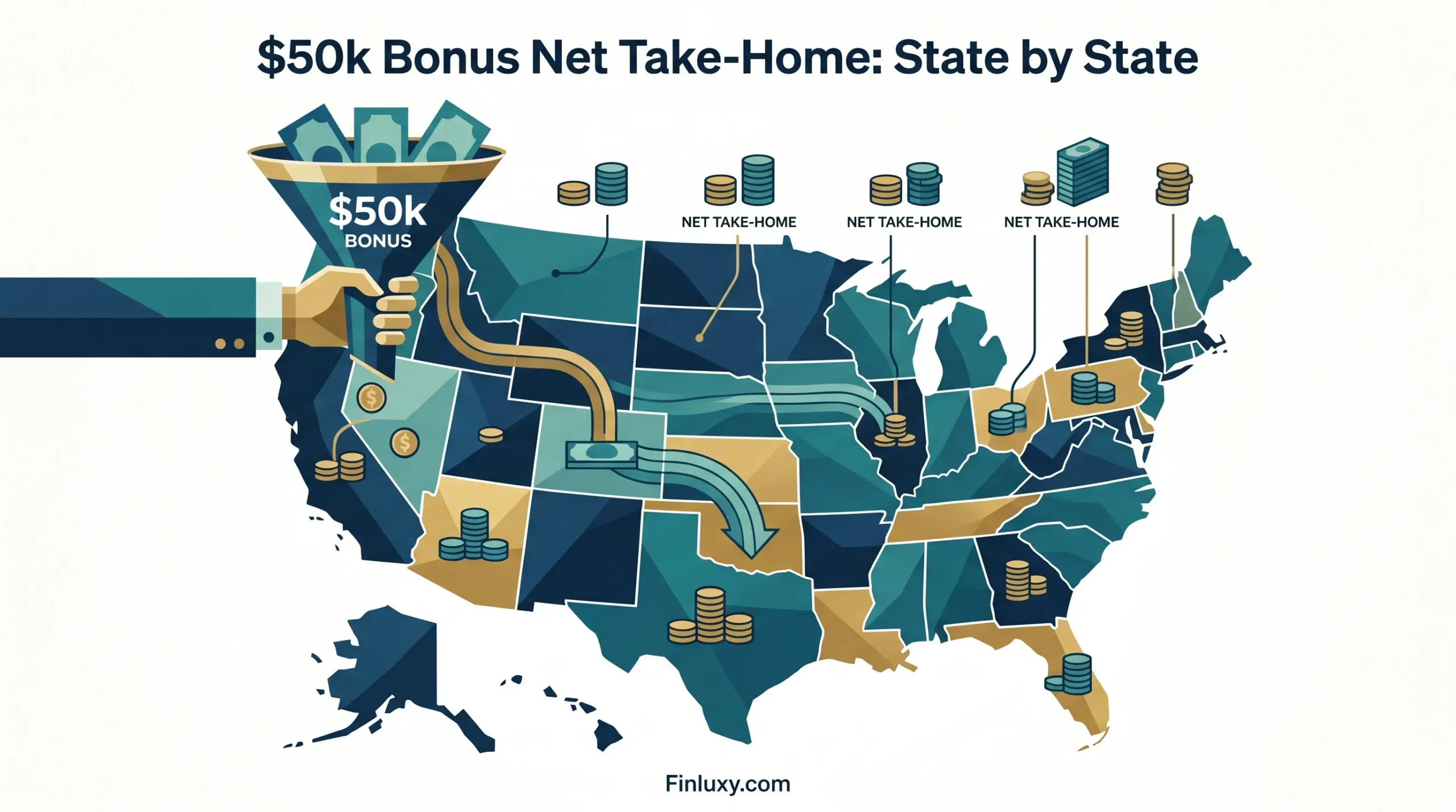 Geometric vector map of the United States with coins and a funnel, illustrating after-tax income differences by state.