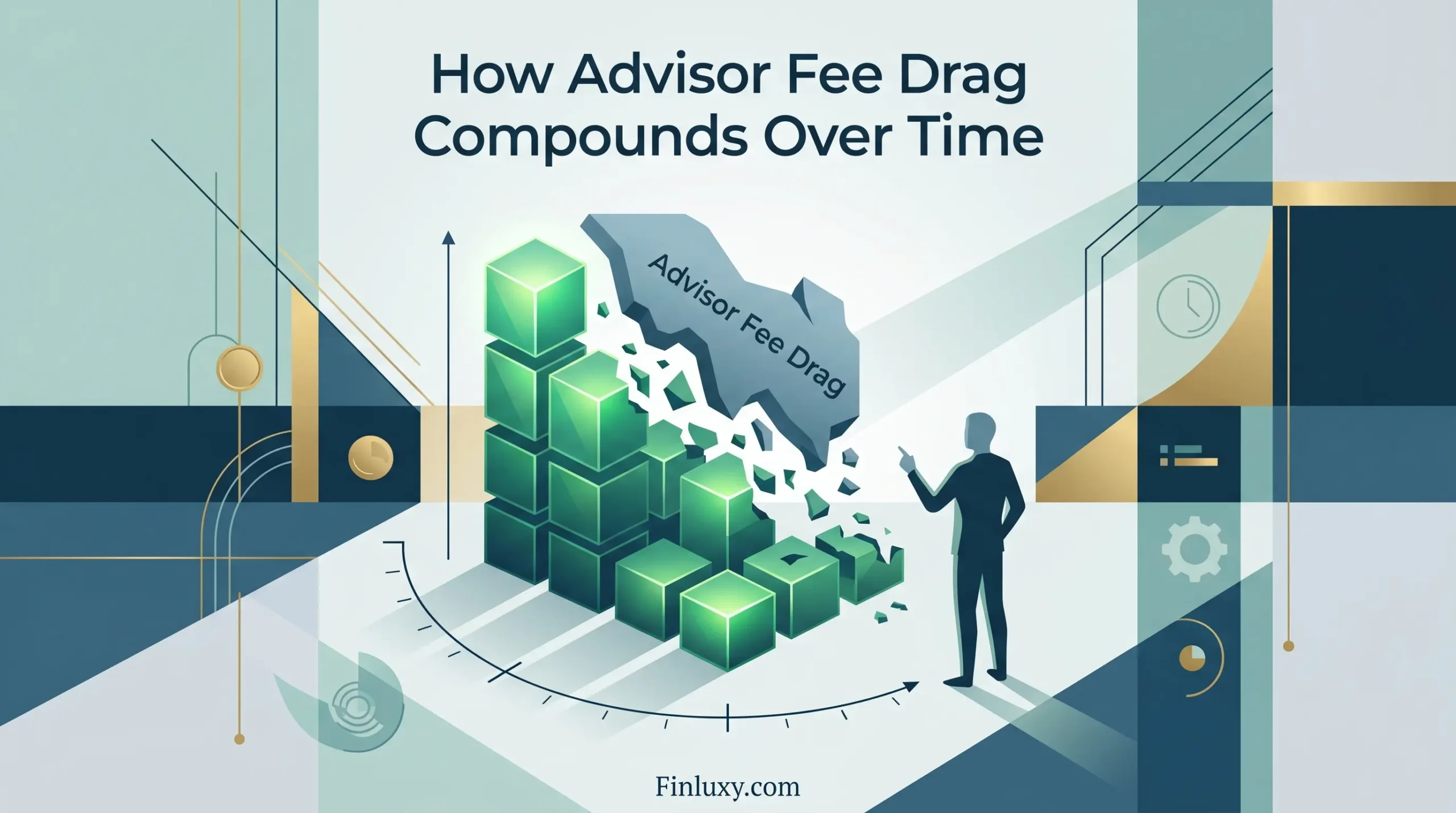 Geometric illustration showing a person pointing at 'Advisor Fee Drag' on an eroded financial growth chart. Title included.