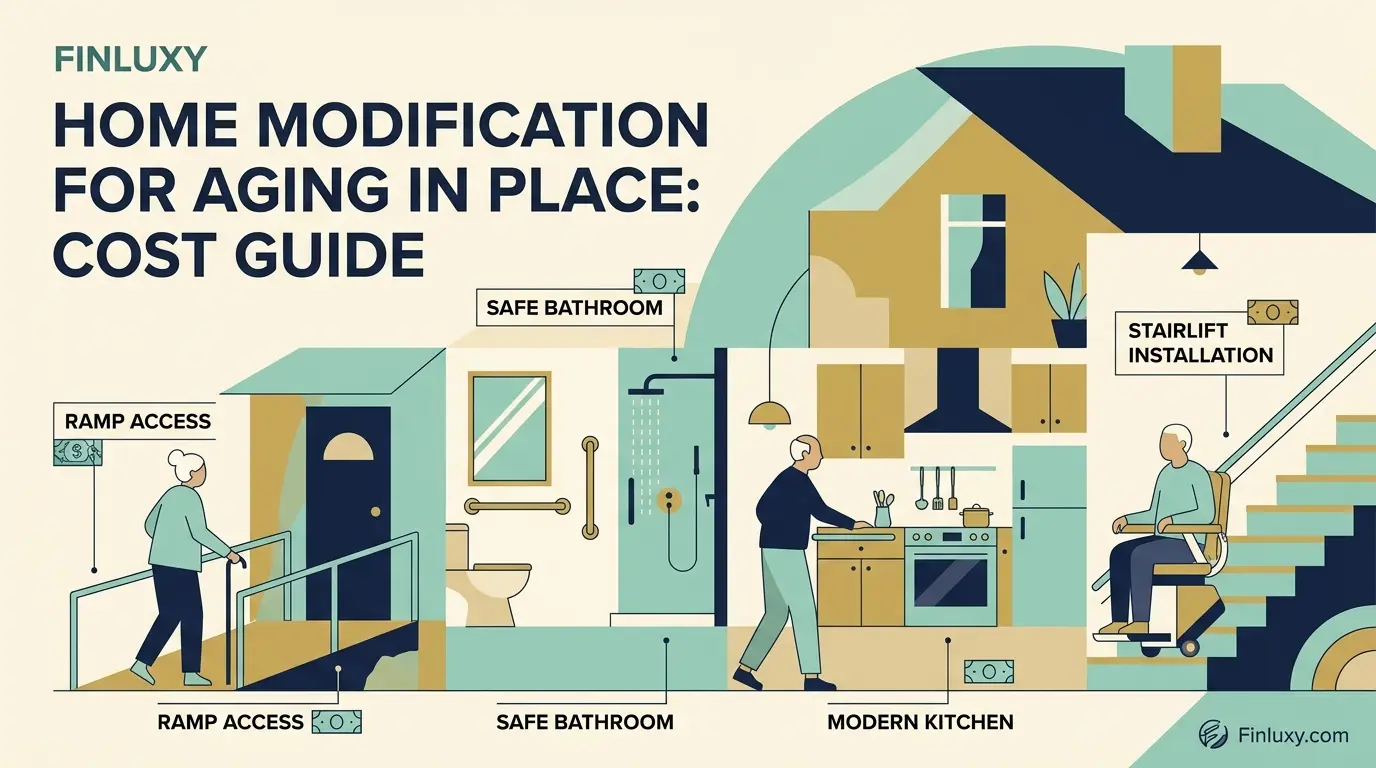 Geometric illustration showing house modifications like ramps and stairlifts for senior living, titled "Home Modification for Aging in Place: Cost Guide".