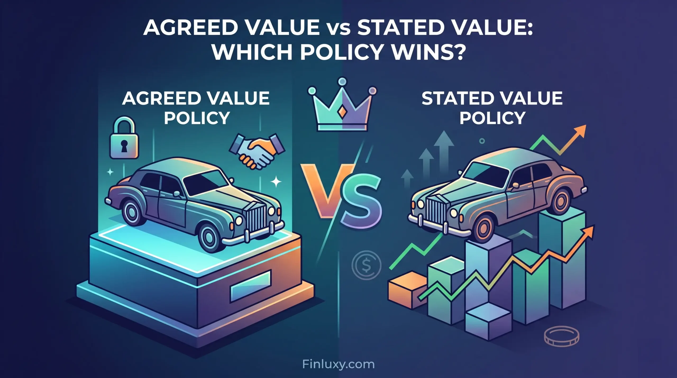 A vector illustration comparing 'Agreed Value' and 'Stated Value' car insurance policies with cars on pedestals and a central crown.