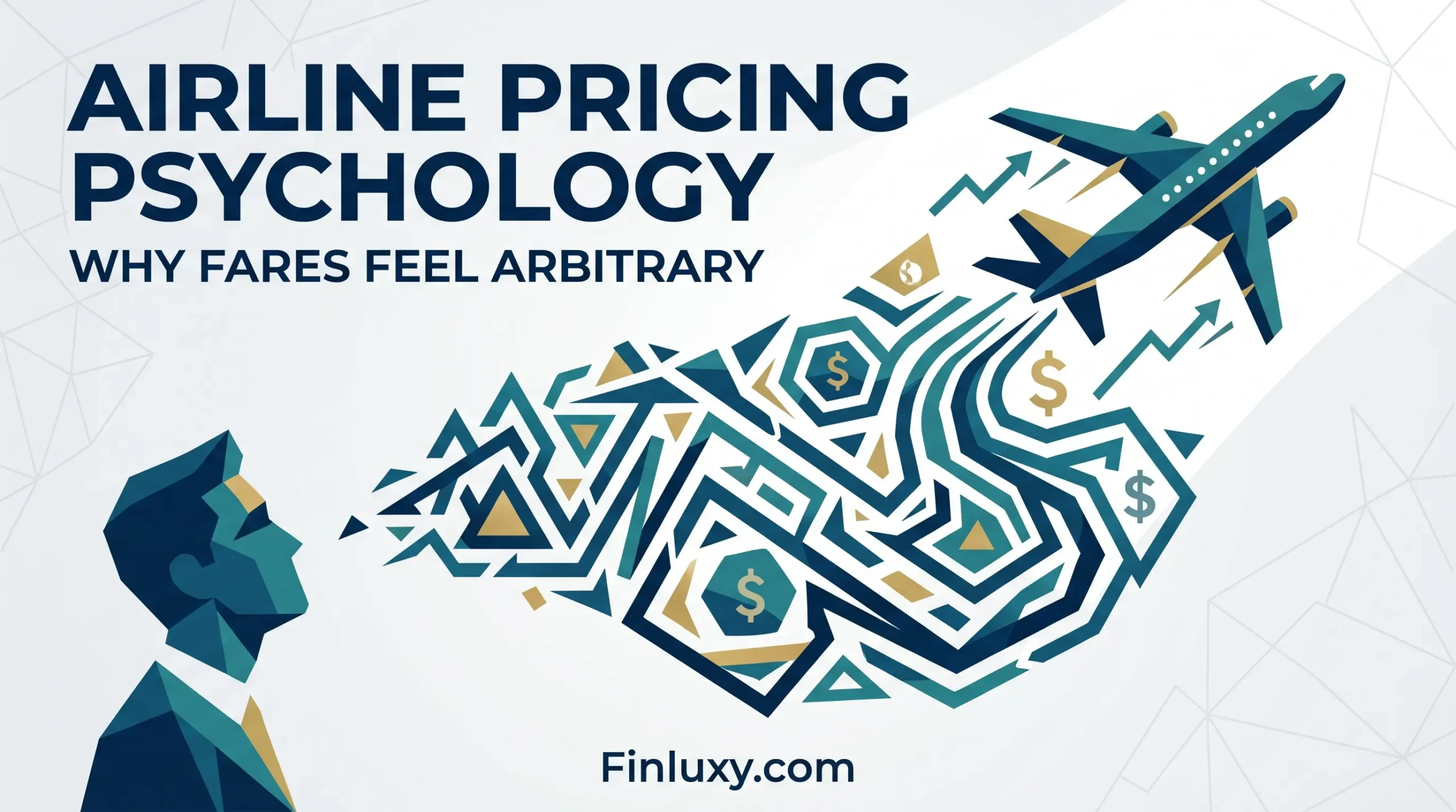 Geometric vector illustration of a man looking up at a complex maze of dollar signs and arrows leading to an airplane.