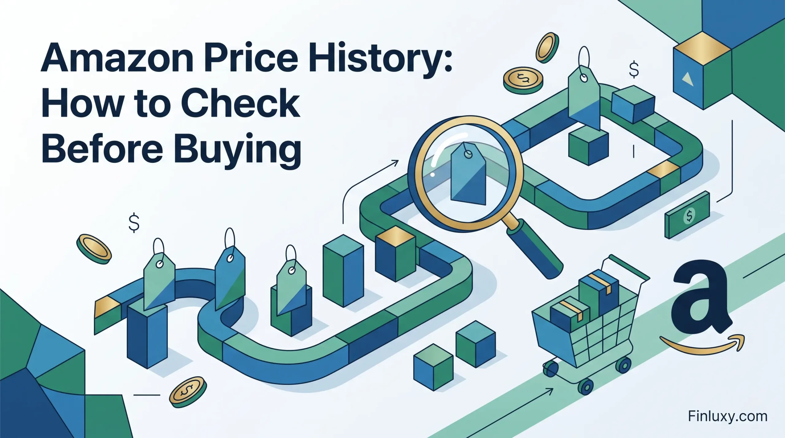 Geometric illustration showing a magnifying glass examining price tags on an isometric path with an Amazon cart.