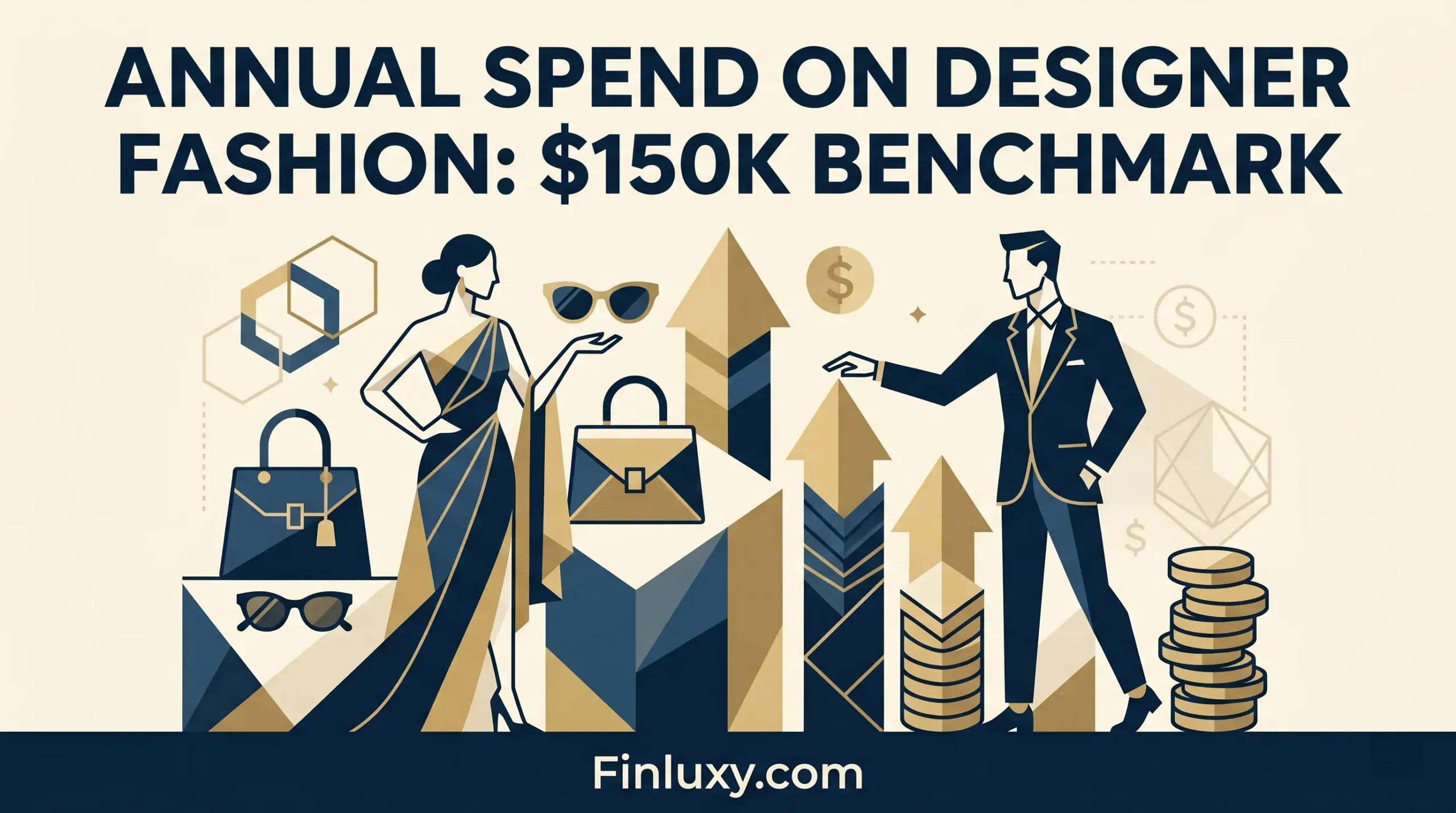 Geometric illustration of a man and woman with luxury fashion items and growth arrows, titled 'Annual Spend on Designer Fashion'.