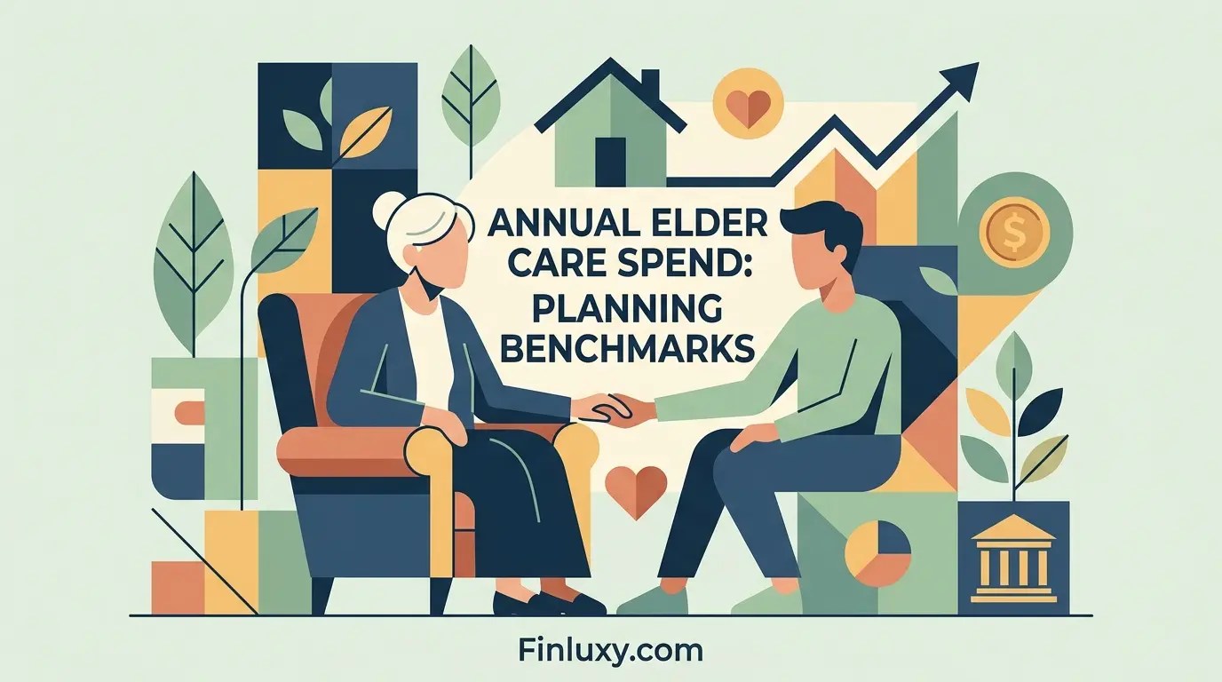 Geometric illustration of a caregiver holding hands with an elderly woman, featuring the headline "Annual Elder Care Spend: Planning Benchmarks".