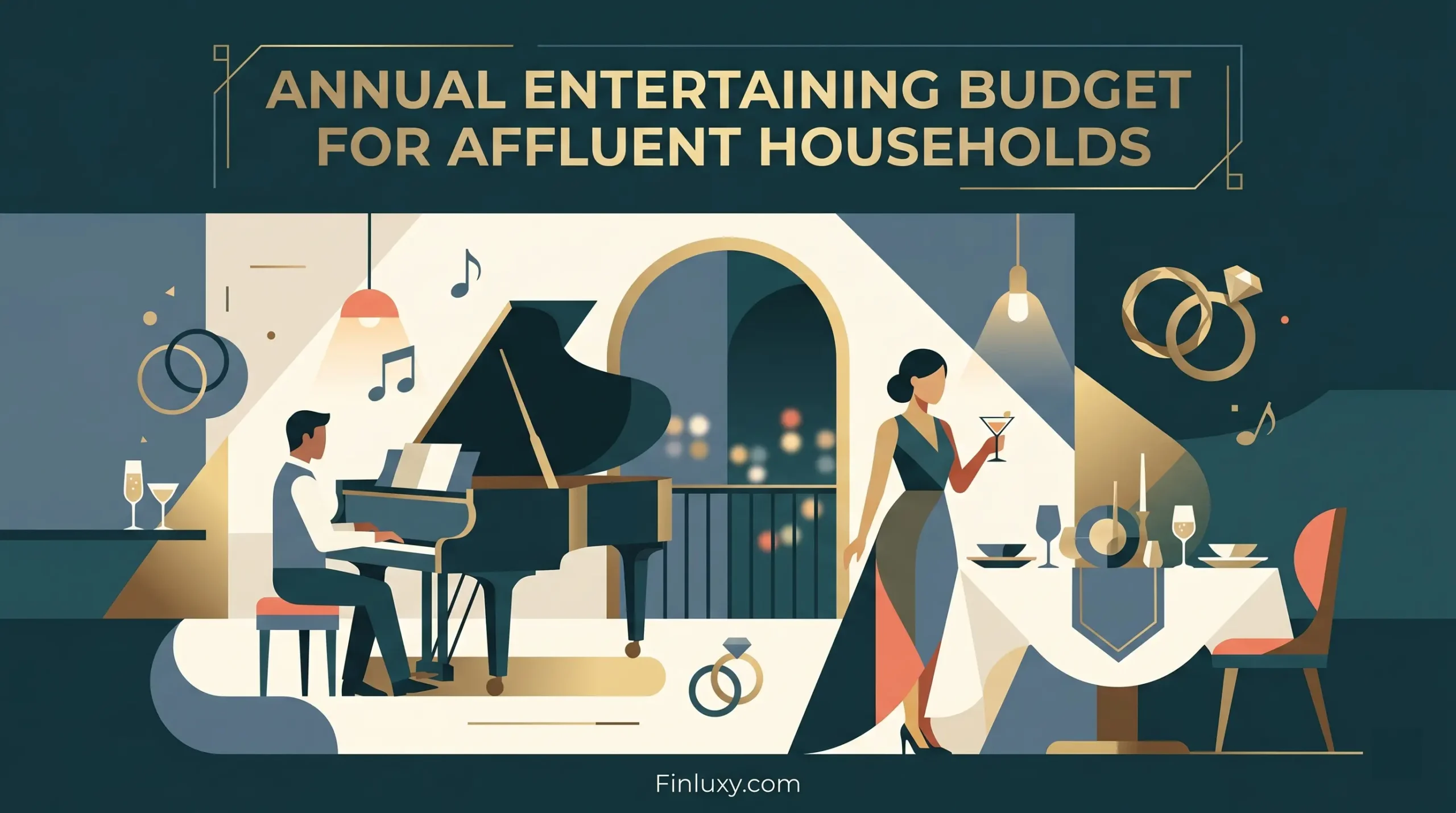 Geometric vector illustration of a high-end dinner party with a piano player, stylized guests, and the headline "Annual Entertaining Budget for Affluent Households."