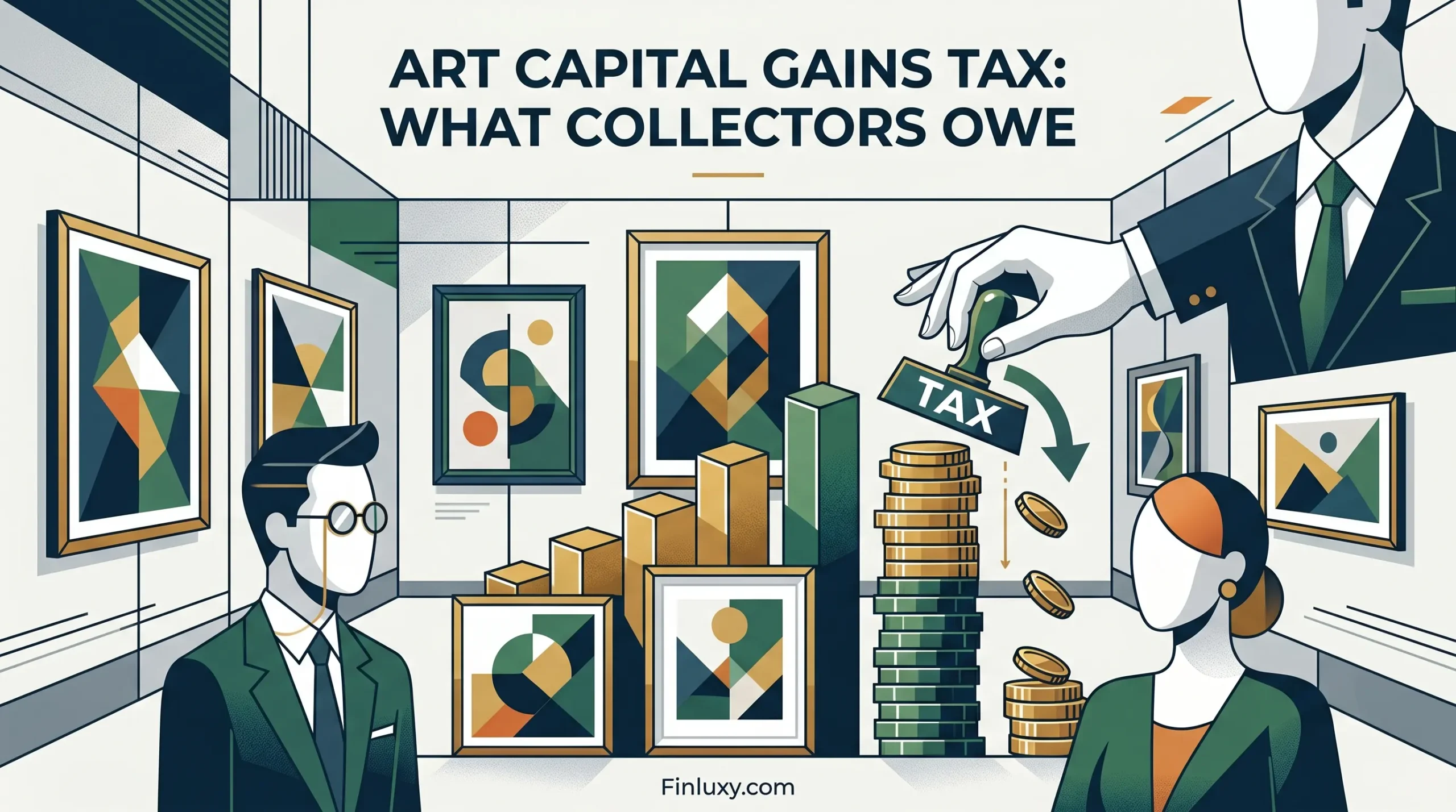 Geometric vector illustration of stylized art collectors in a gallery, with a 'TAX' stamp applied to appreciating coin stacks.