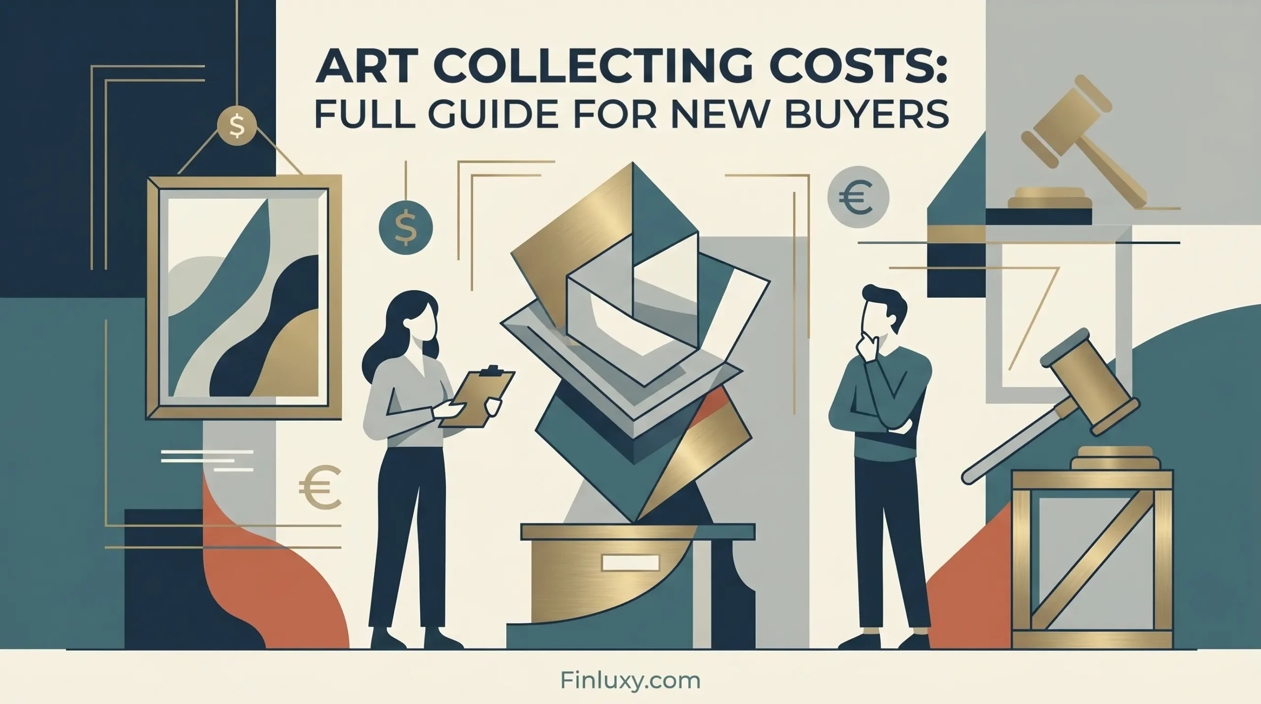 Minimalist geometric illustration of abstract artworks, an auction gavel, and faceless figures discussing art investment costs.