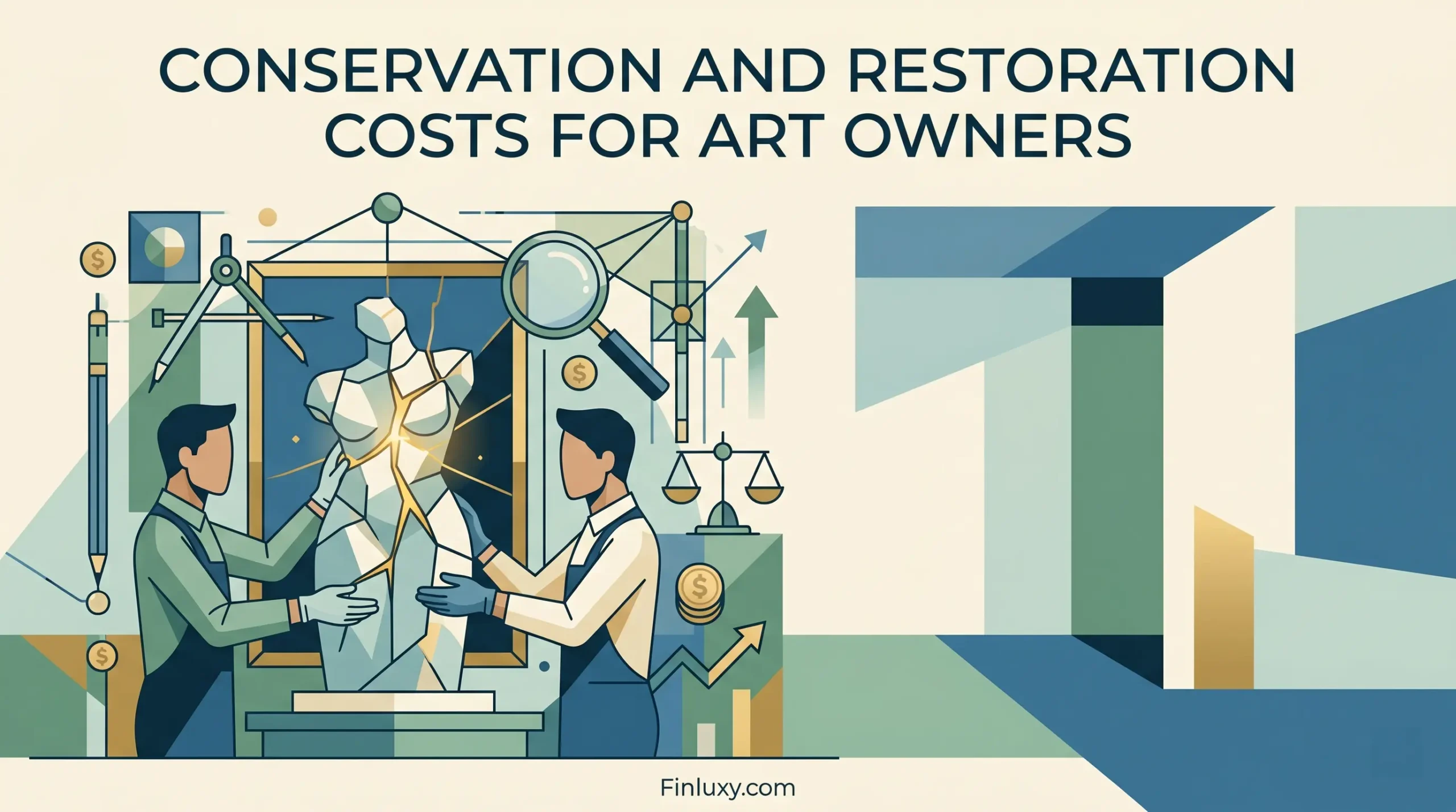 Minimalist vector illustration of art restoration tools and a painting, symbolizing the financial costs of preserving artwork.