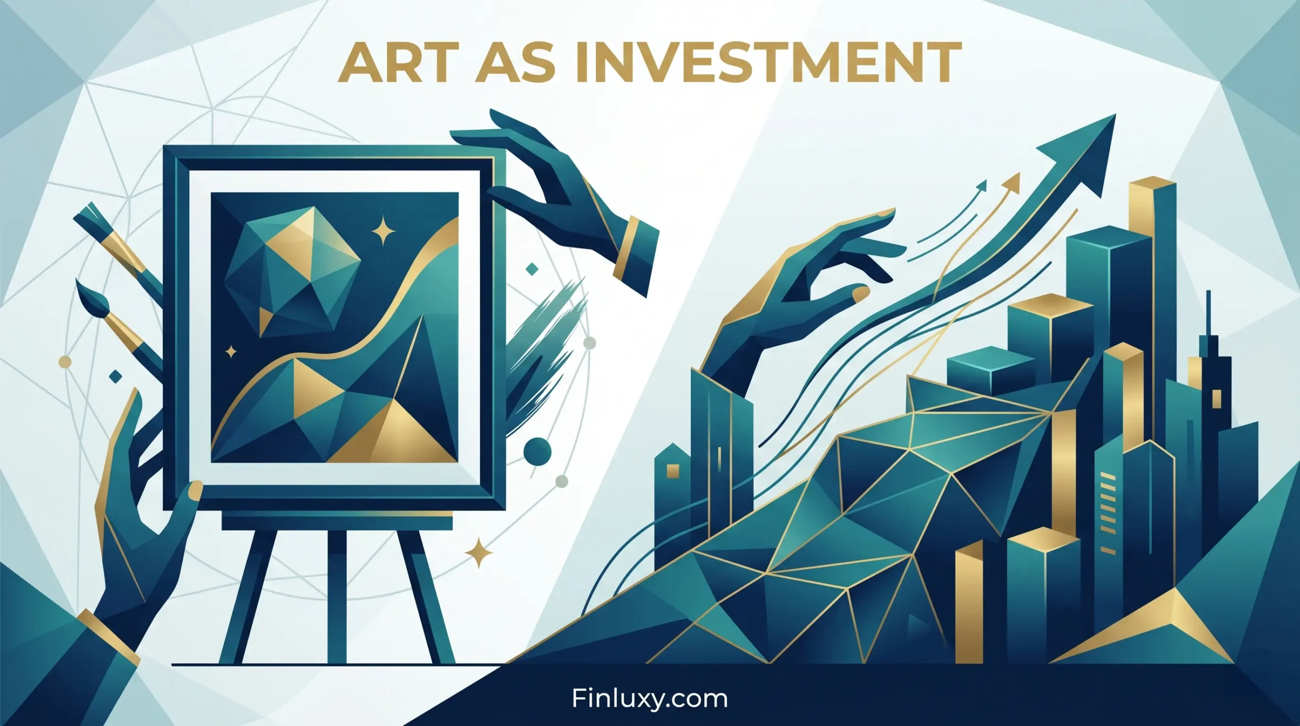 Abstract geometric illustration comparing a framed artwork on an easel to an upward-trending financial market graph.