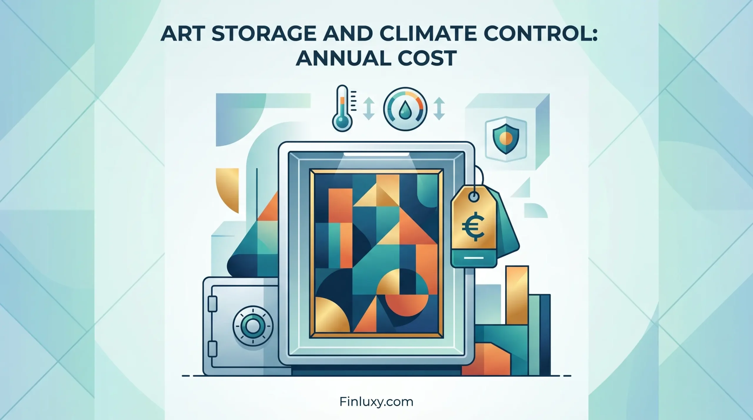Minimalist geometric illustration featuring framed abstract art alongside a security safe, a thermometer, and a price tag.