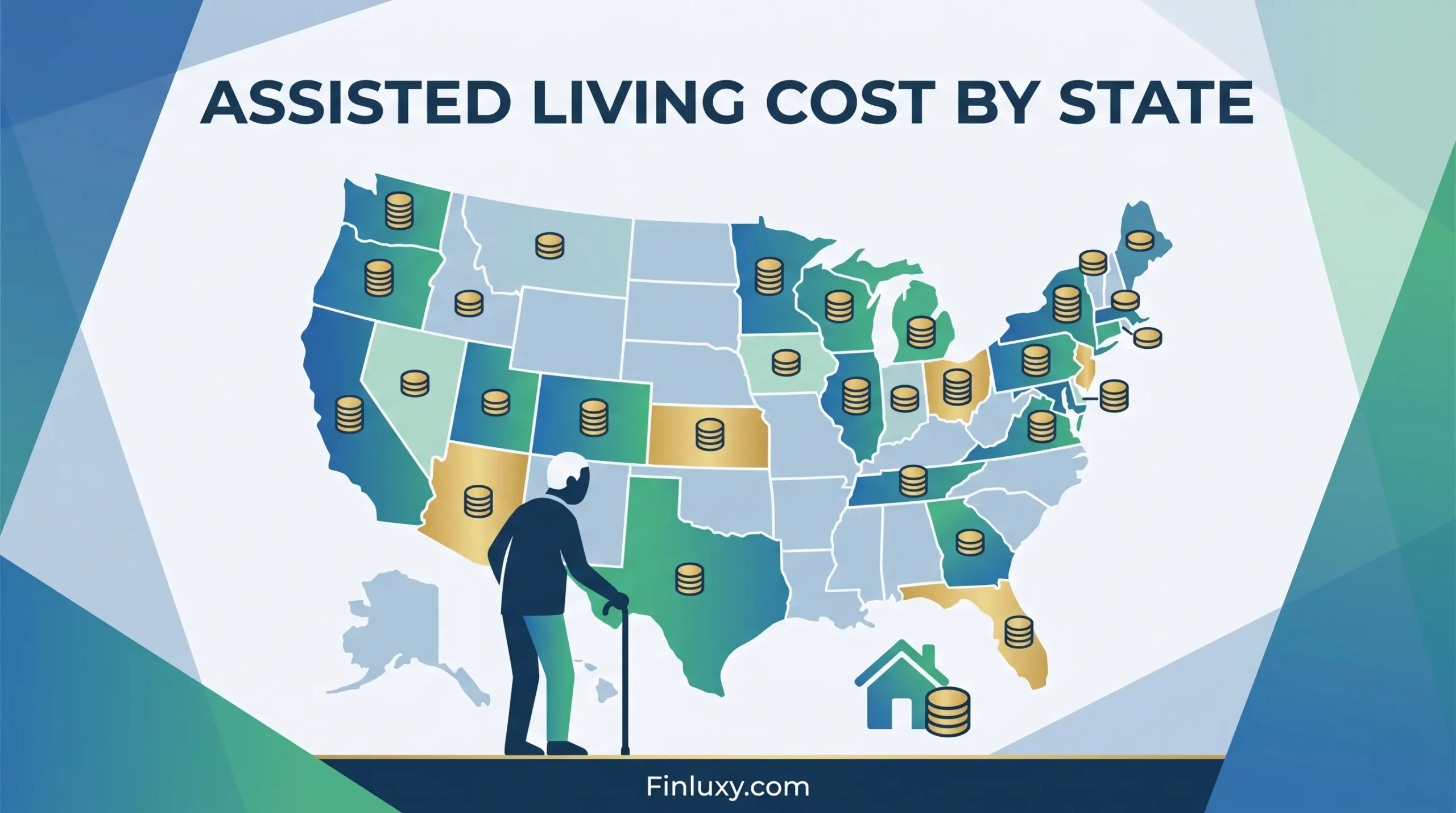Geometric vector US map with coin stacks, a senior silhouette, and headline "Assisted Living Cost by State" on Finluxy.com.