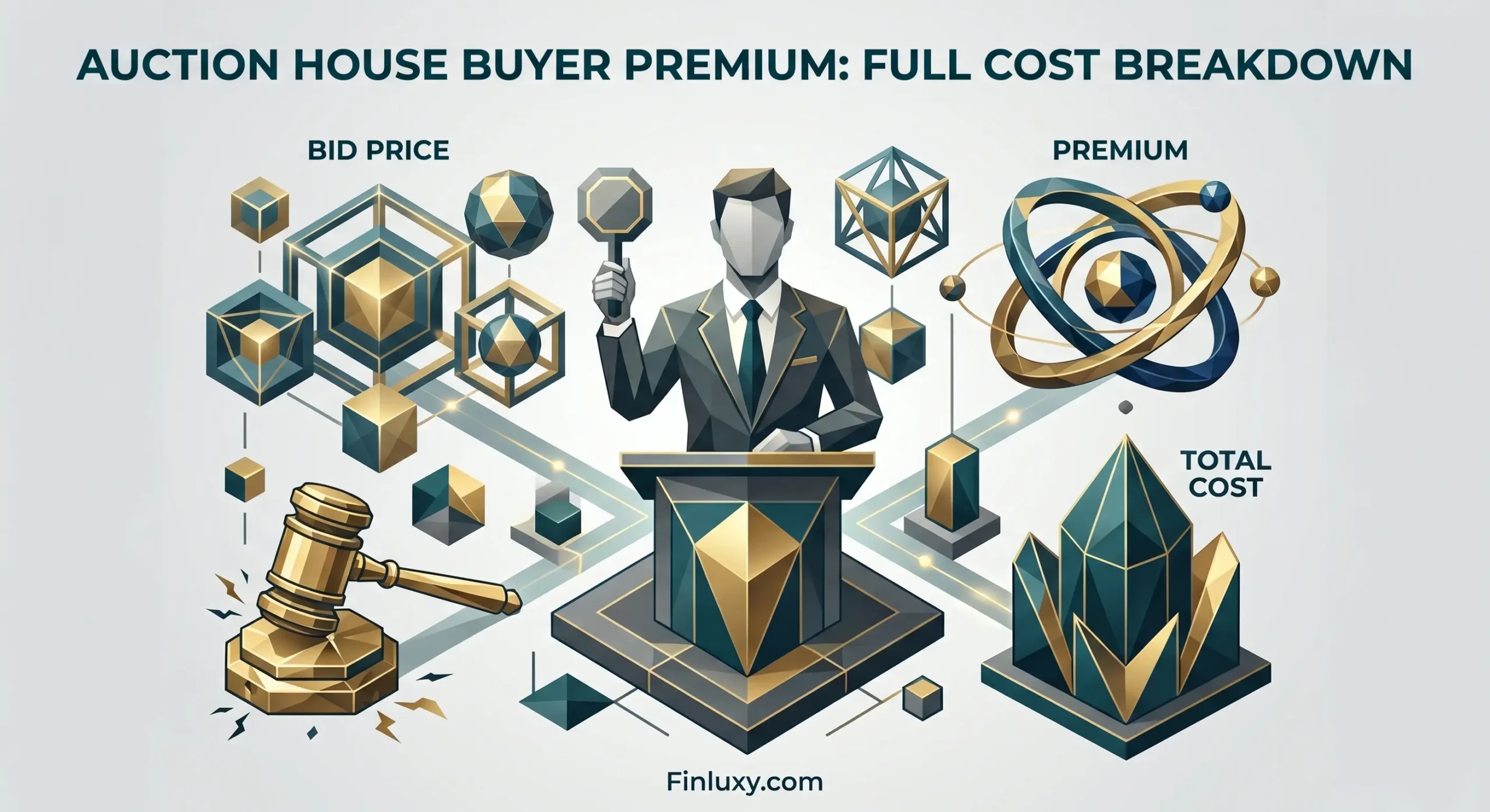 A premium geometric vector illustration showing a faceless auctioneer holding a paddle next to a gavel, breaking down auction costs.