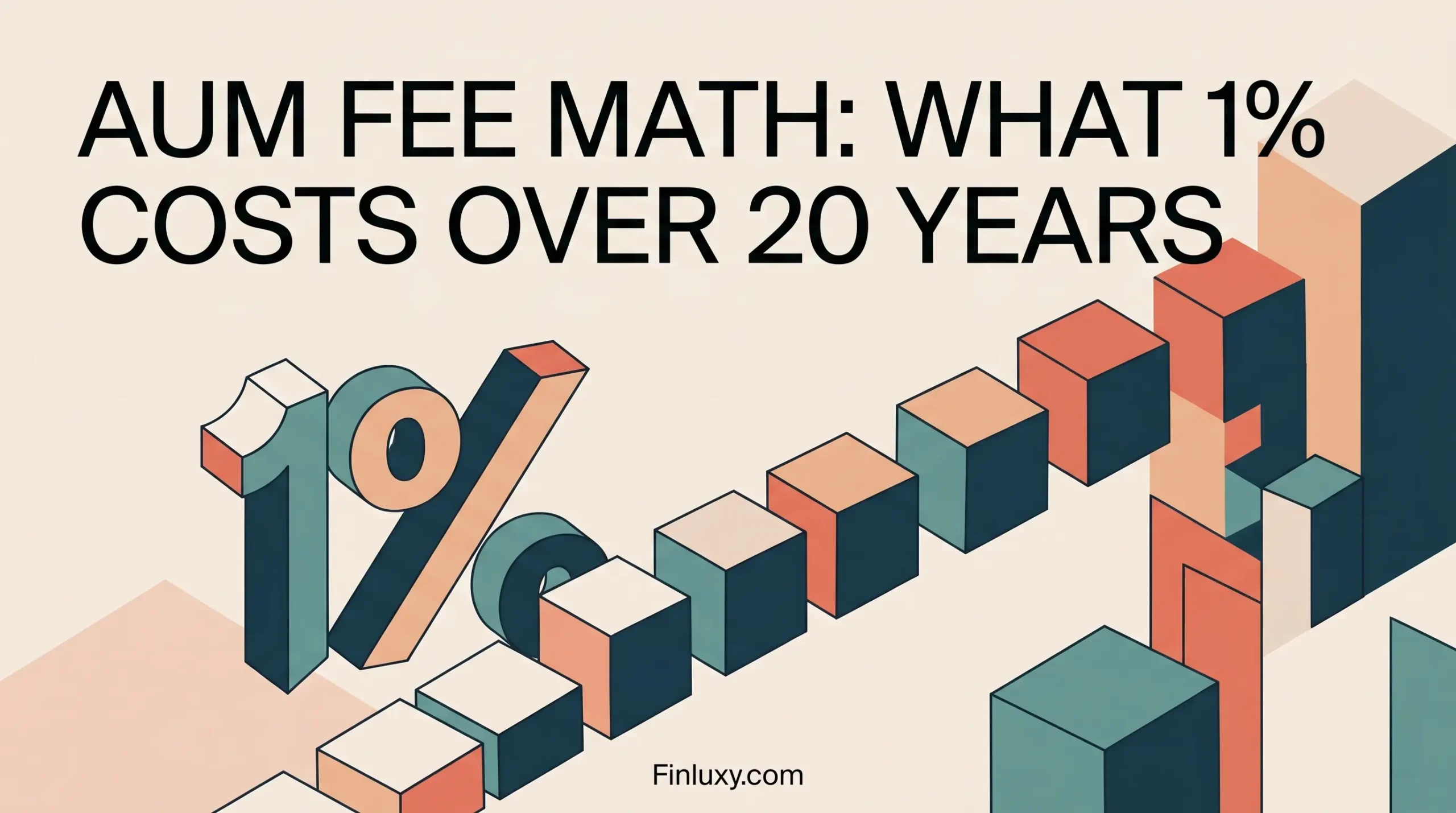 Geometric vector illustration featuring the headline "AUM Fee Math", 3D blocks, a "1%" symbol, and "Finluxy.com" at the bottom.