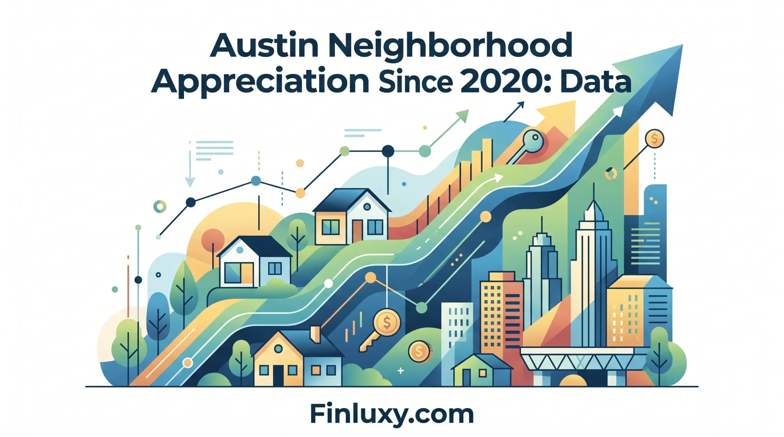 A geometric vector illustration shows a rising bar chart transforming into a city skyline with houses and currency icons, representing real estate appreciation. The text "Austin Neighborhood Appreciation Since 2020: Data" is at the top, and "Finluxy.com" is at the bottom.
