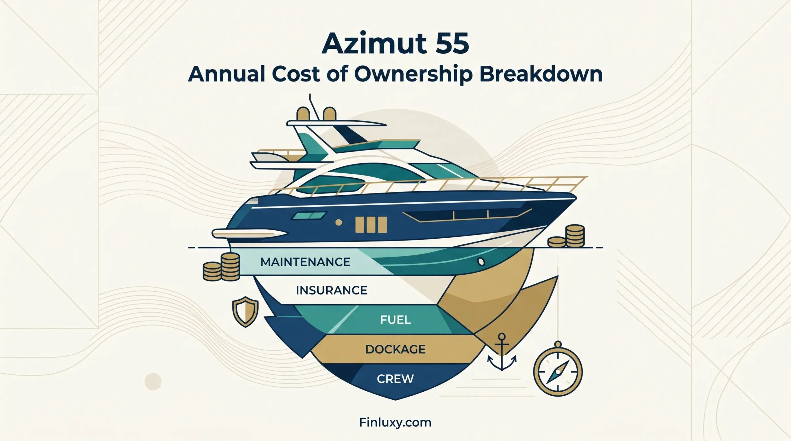 Geometric vector illustration of a luxury yacht with layers showing ownership costs like maintenance, insurance, and fuel for Finluxy.com.