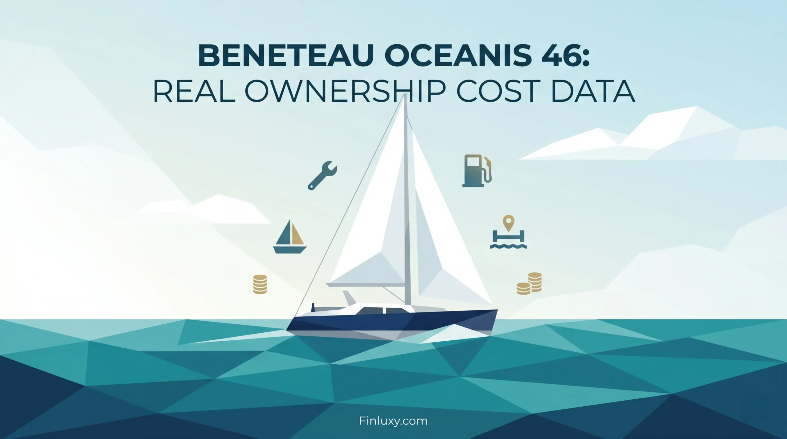 Geometric vector illustration of a sailboat at sea with floating icons representing ownership costs, featuring the article headline and Finluxy.com URL.