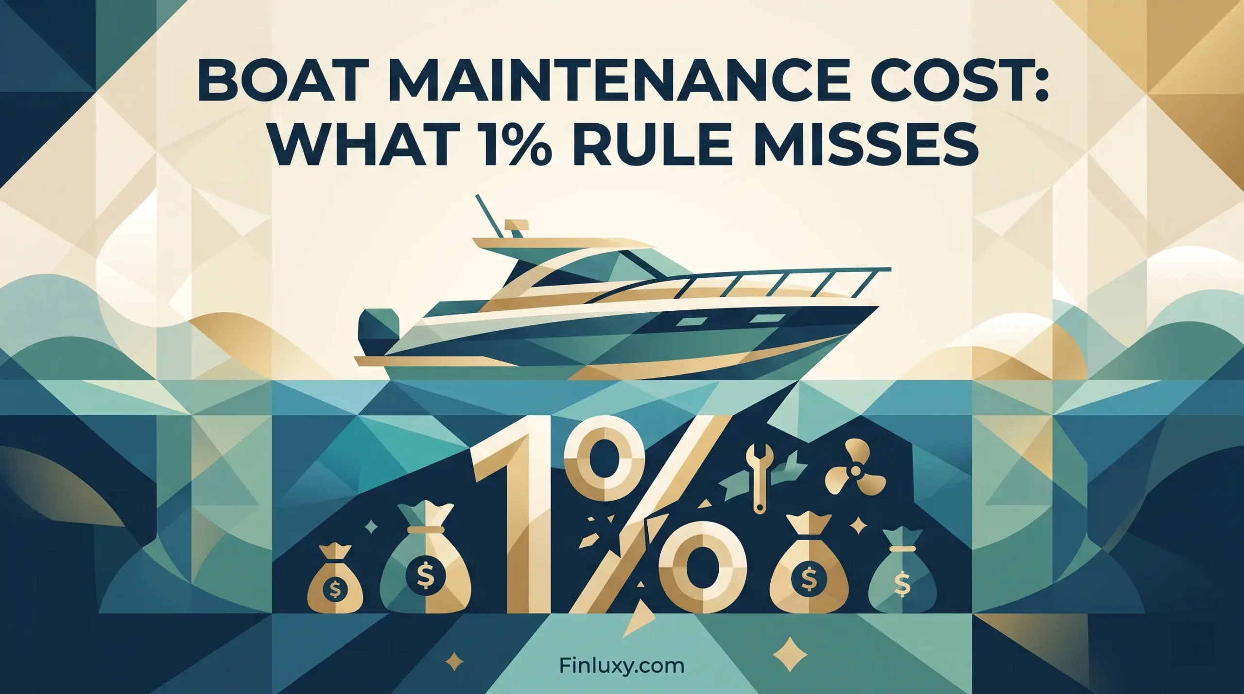 Geometric vector illustration for a blog post titled "Boat Maintenance Cost: What 1% Rule Misses," featuring a luxury yacht on stylized water with money icons.